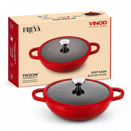 Vinod Freya Cast Iron Deep Kadai with Glass Lid, 22 cm 1.9 L Red Color | TREON Technology Enamel Kadhai for Frying, Sabzi, & Cooking | No Seasoning Required | Induction & Gas Stove Compatible | 100% Non-Toxic