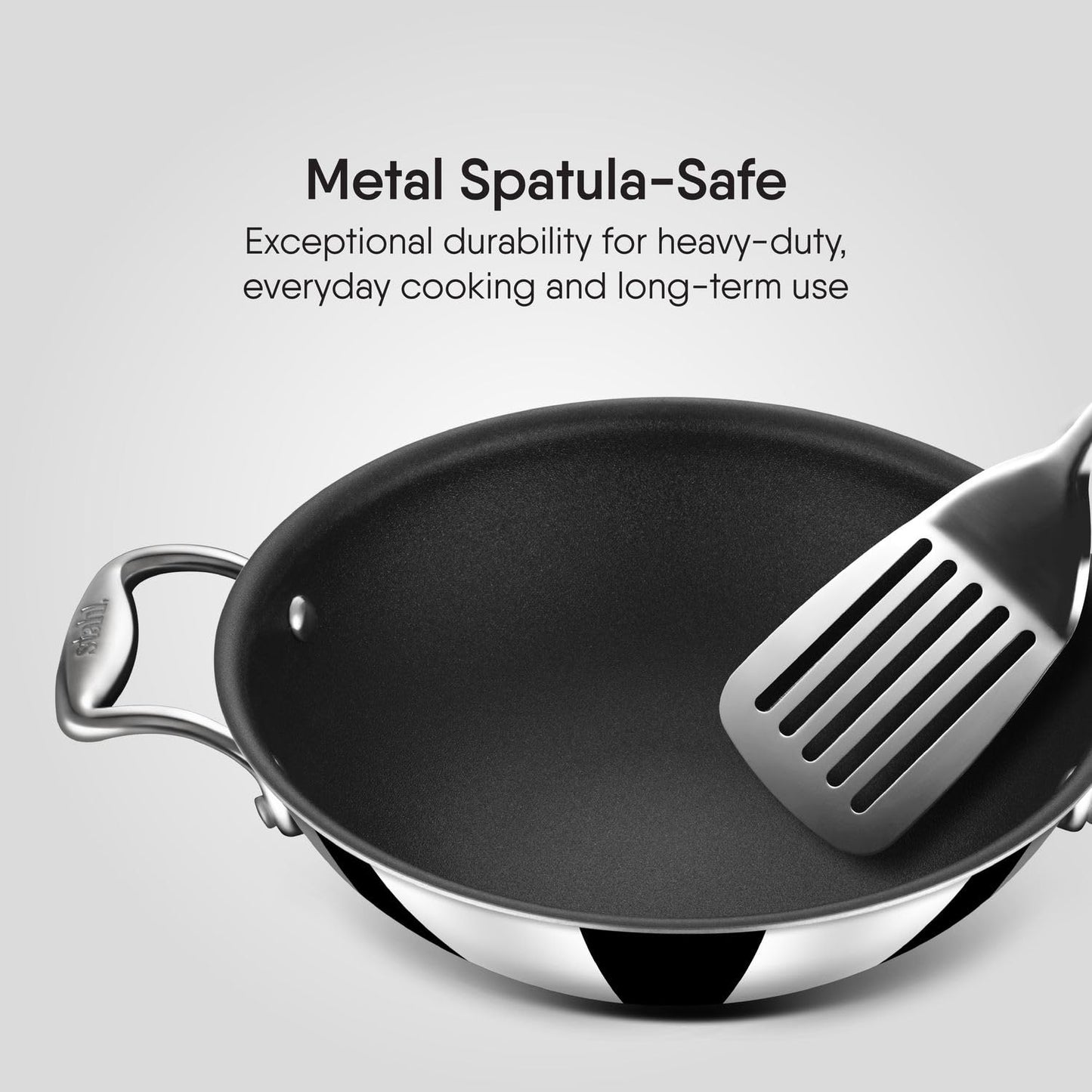 Stahl Artisan Schild 28 cm Kadhai Triply Stainless Steel PEEK-Reinforced Kadhai Induction & Gas Compatible with Glass Lid
