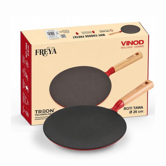 Vinod Freya Cast Iron Roti Tawa 26 cm Red Color | TREON Titanium Enamel, Oil-Activated Food Release, PFAS & PTFE Free, No Traditional Seasoning, Gas & Induction, for Chapati & Paratha, Beechwood Handle