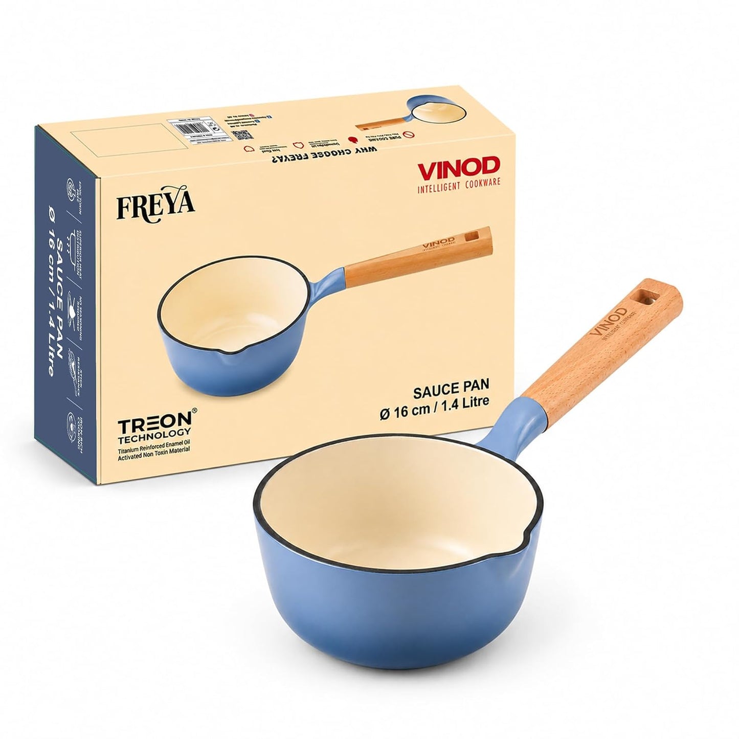 Vinod Freya Enameled Cast Iron Saucepan - 16 cm,1.4 L Blue Color | TREON Technology | 100% Toxin Free | Wooden Handle with Pour Spout | Gas & Induction Compatible | No Seasoning Required | Milk & Tea Pan