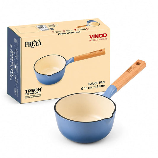Vinod Freya Enameled Cast Iron Saucepan - 16 cm,1.4 L Blue Color | TREON Technology | 100% Toxin Free | Wooden Handle with Pour Spout | Gas & Induction Compatible | No Seasoning Required | Milk & Tea Pan