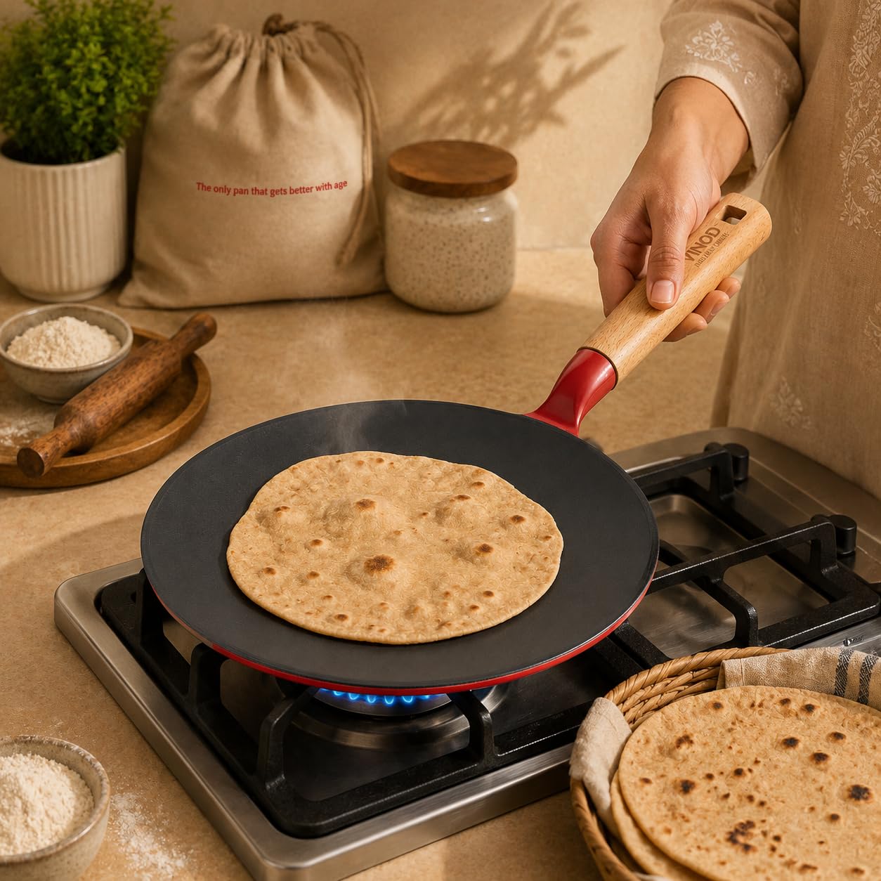 Vinod Freya Cast Iron Roti Tawa 26 cm Red Color | TREON Titanium Enamel, Oil-Activated Food Release, PFAS & PTFE Free, No Traditional Seasoning, Gas & Induction, for Chapati & Paratha, Beechwood Handle