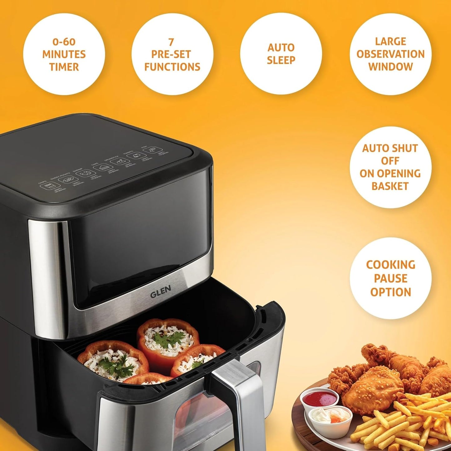 Glen Air Fryer With Digital Display and Visible Window 1500 Watts 2 yrs motor warranty