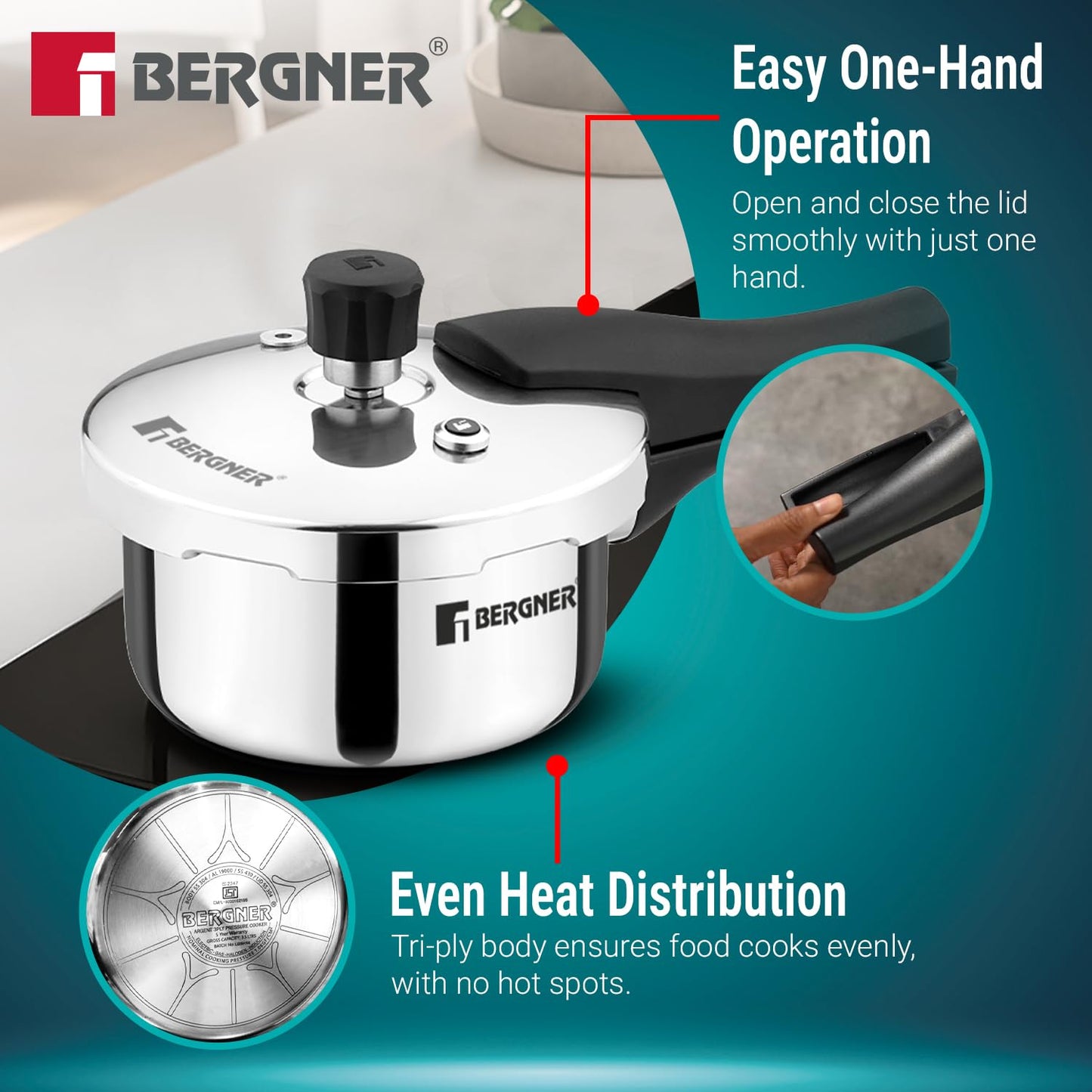 Bergner Argent Classic Triply Stainless Steel 1 Liter Outer Lid Pressure Cooker, Mini Baby Cooker with Resettable Safety Valve, Sturdy Handle, Easy to Use and Clean - Induction and Gas Stove Ready