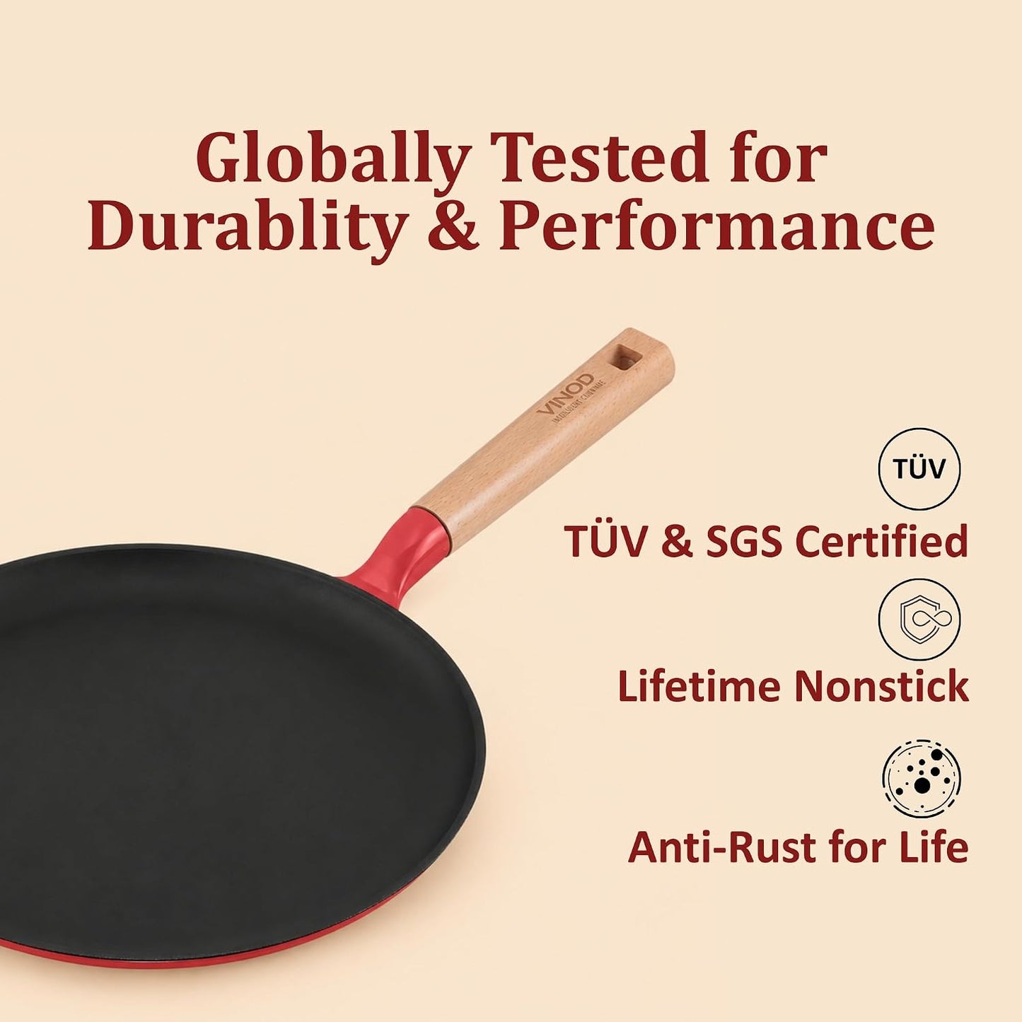 Vinod Freya Cast Iron Dosa Tawa 28 cm Red Color, TREON Titanium-Reinforced Enamel, No Seasoning Required, Oil-Activated Food Release, No Traditional Seasoning, Gas & Induction Base, Beechwood Handle
