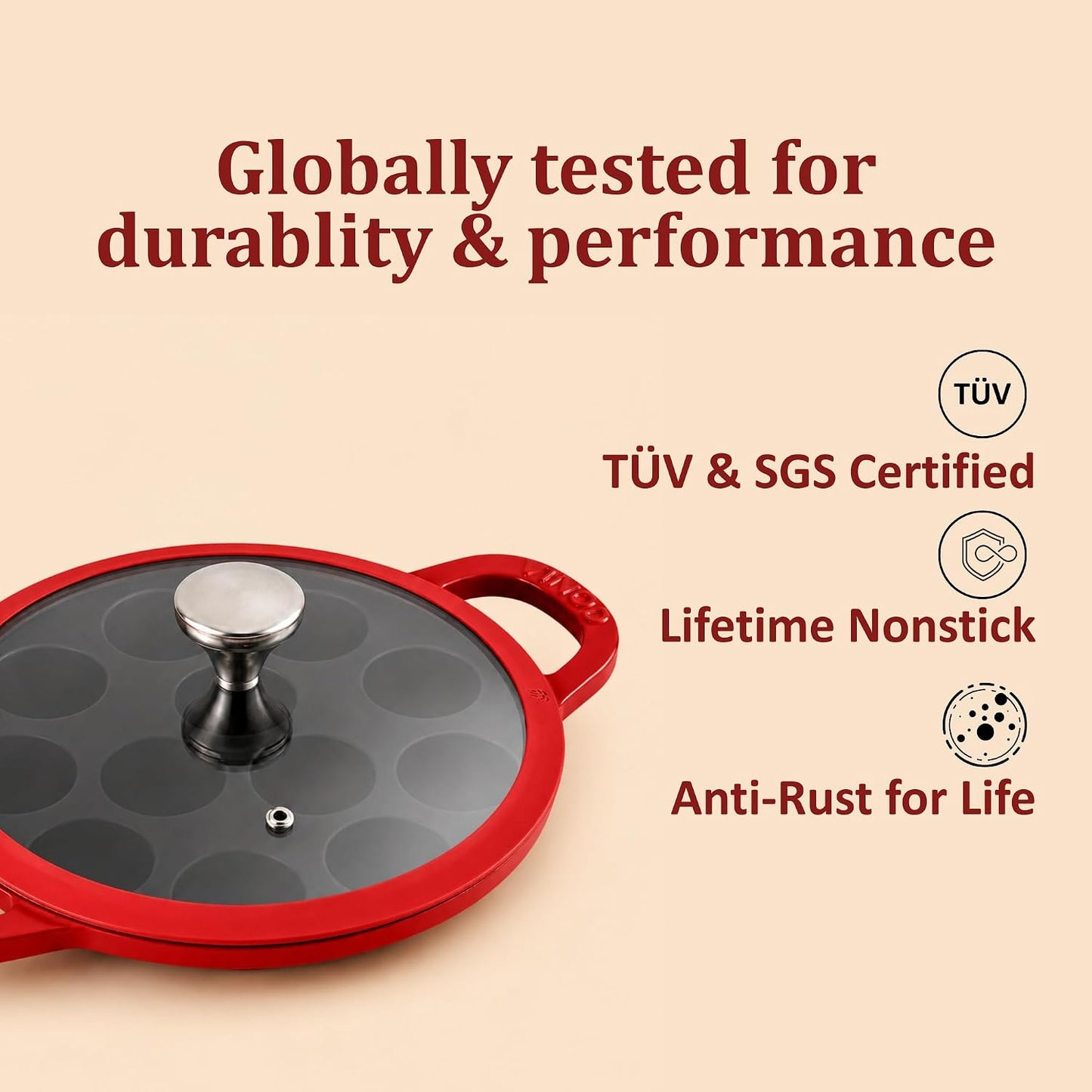 Vinod Freya Enameled Cast Iron Appe Pan with Glass Lid - 22 cm, 12 Pits  Red Color| 100% Toxin Free | No Seasoning Required | TREON Technology | Ideal for Paniyaram, Appam Patra, Paddu & Gunta Ponganalu Maker