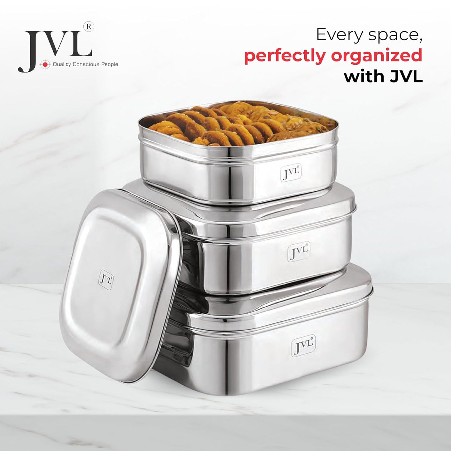 JVL Stainless Steel Kitchen's Storage Costa Square Shape Container Box with See Thorugh Lid - 2.1 Liters