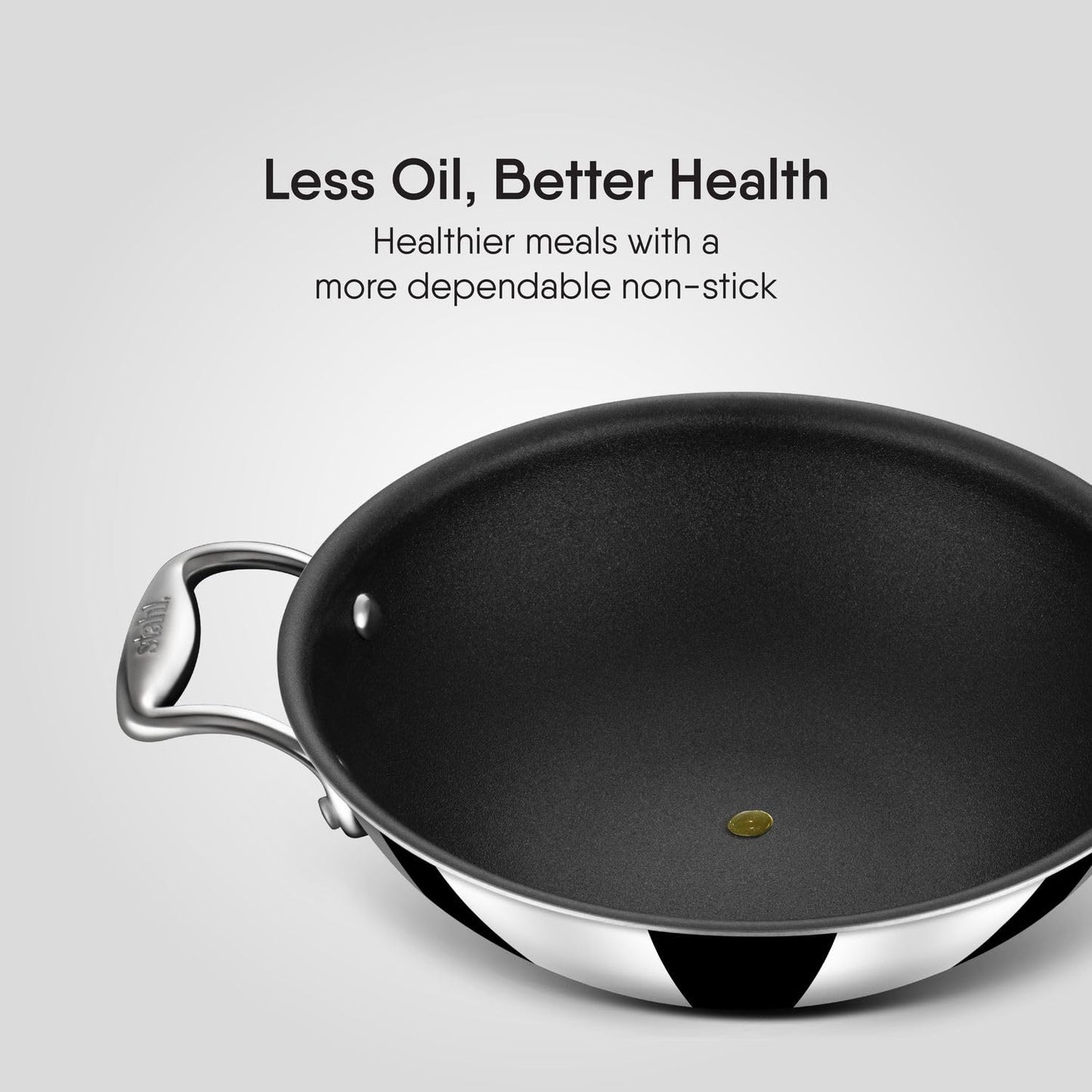 Stahl Artisan Schild 22cm(2 Liters) Kadhai Triply Stainless Steel PEEK-Reinforced Kadhai Induction & Gas Stove Compatible with Glass Lid