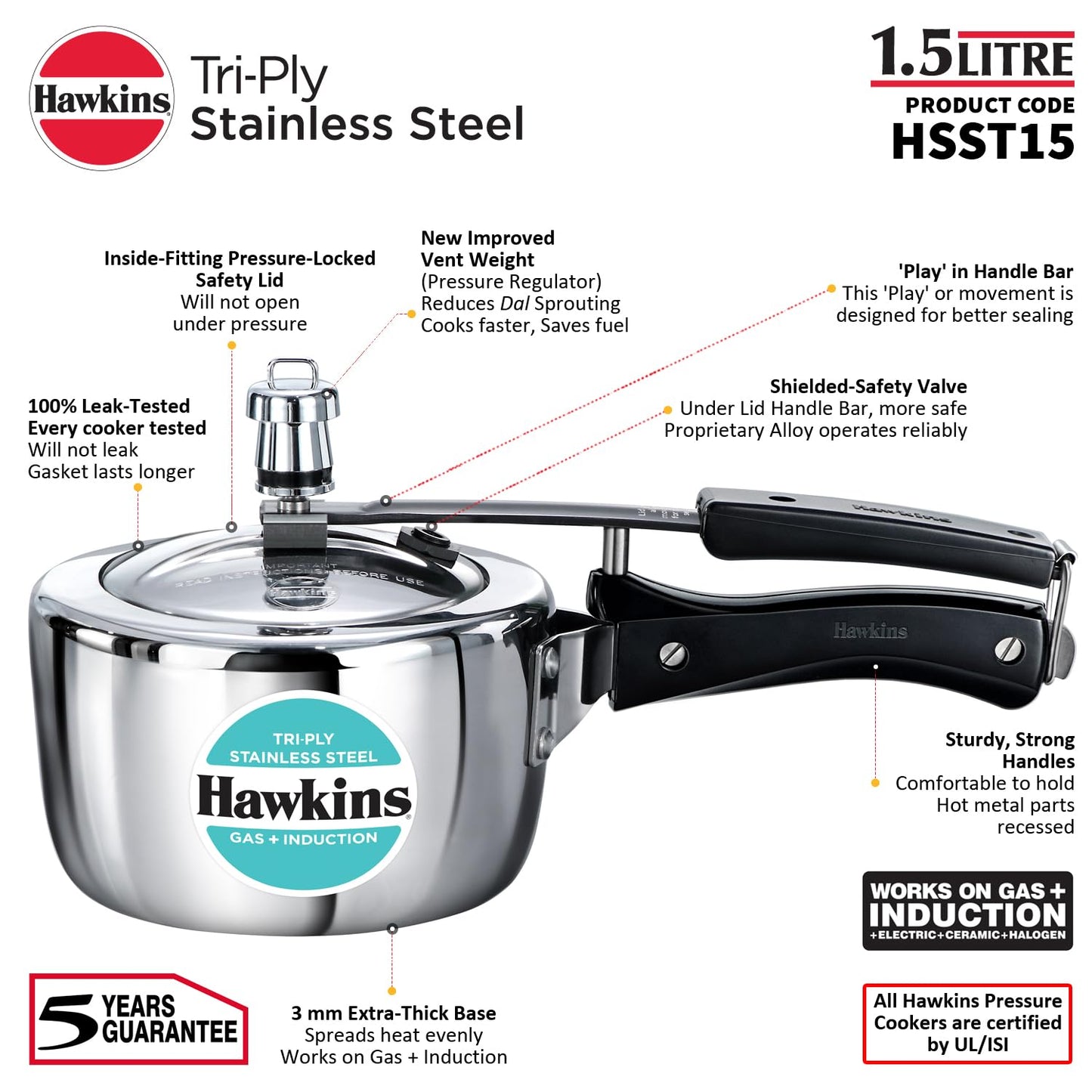 Hawkins 1.5 Liters Triply Stainless Steel Pressure Cooker, Inner Lid Induction Baby Cooker, Silver (HSST15)