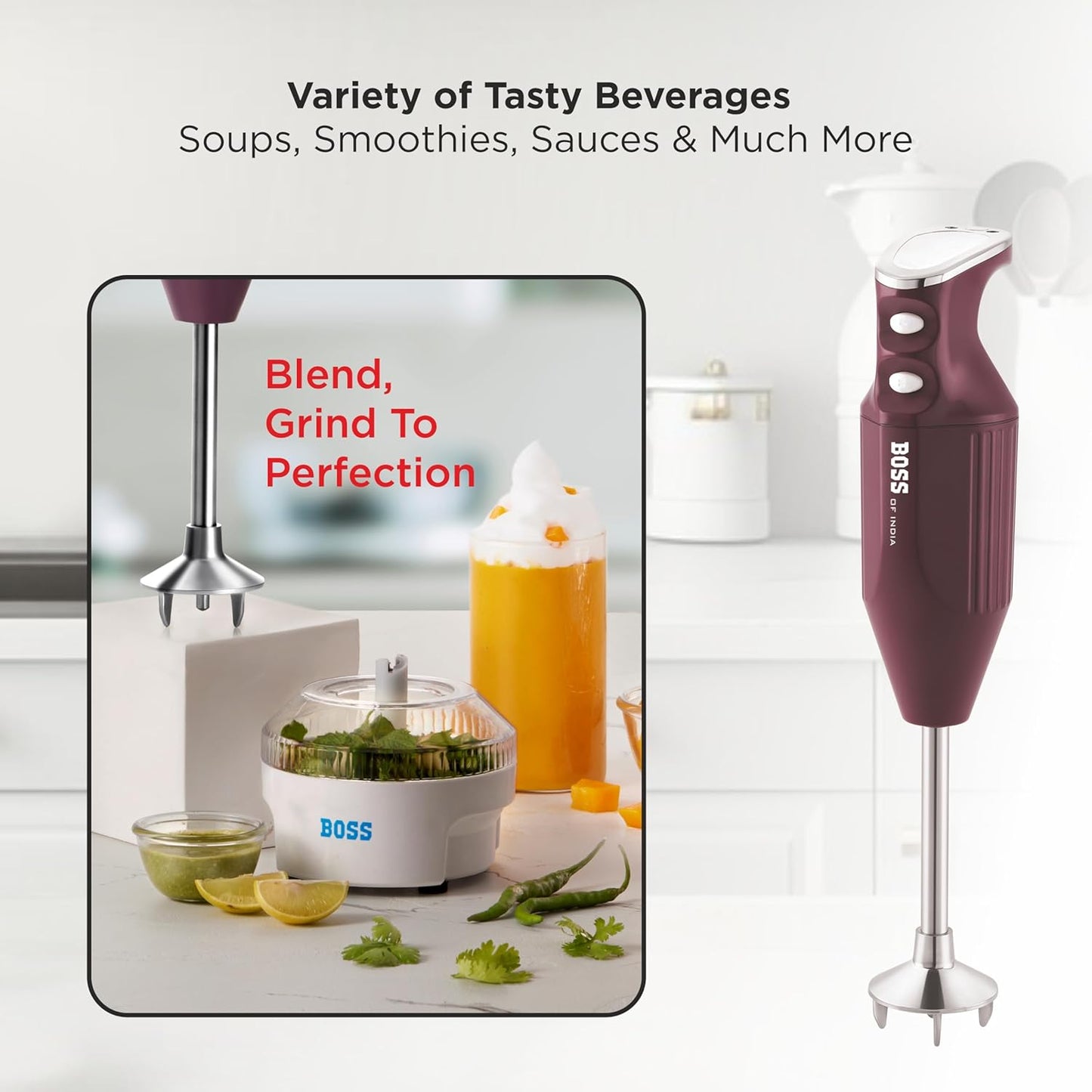 BOSS Stainless Steel Big Boss Portable Hand Blender | Powerful 275 W Motor | 5 Years Warranty* First In India | Variable Speed Control | Isi-Marked, 275 Watts
