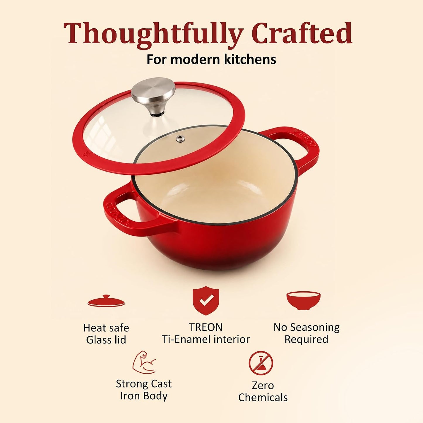 Vinod Freya Cast Iron Saucepot with Glass Lid, 20cm 2L | Enameled Casserole & Dutch Oven | TREON Technology | Iron-Rich Handi for everyday use | Induction & Gas Compatible Cooking Pot