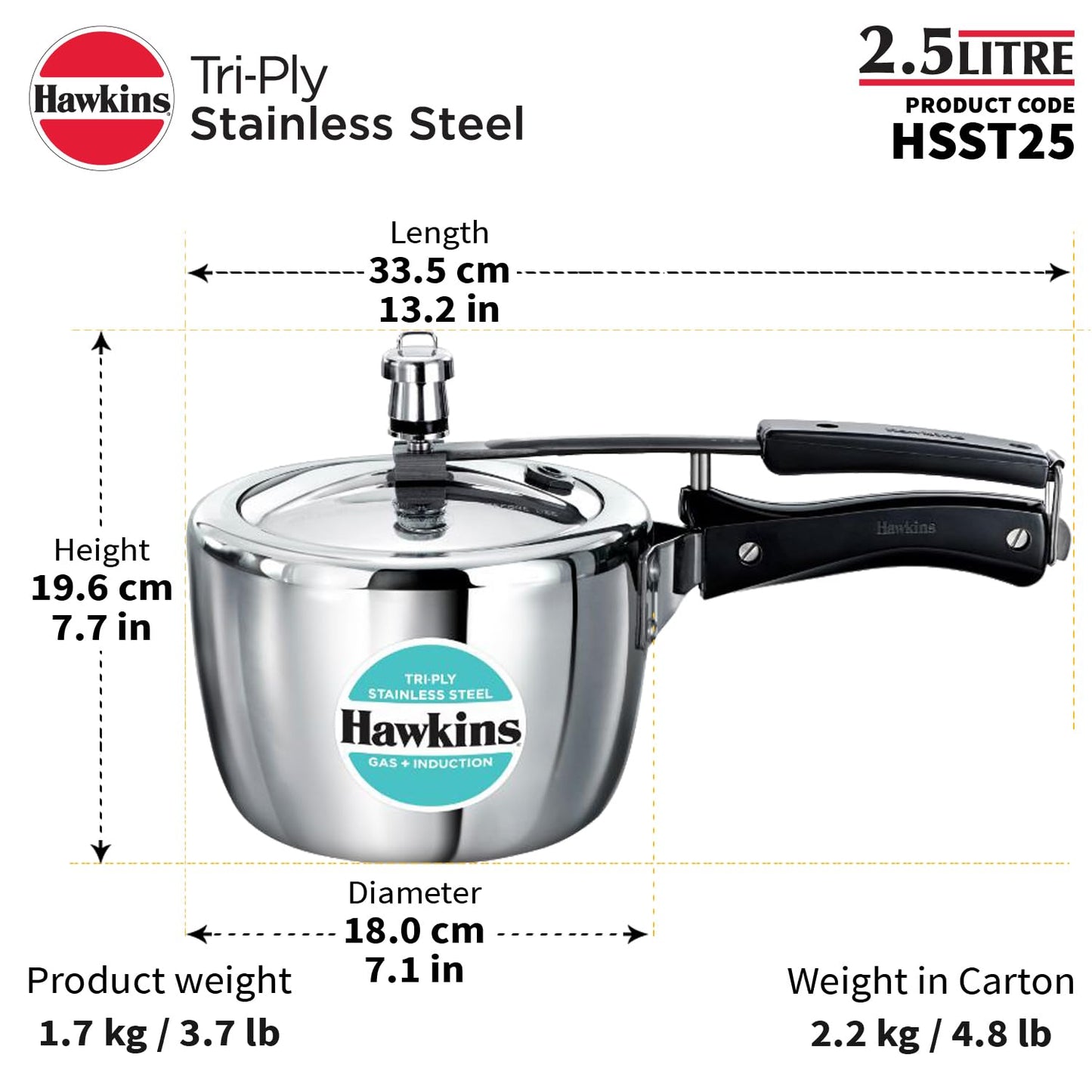 Hawkins 2.5 Liters, Triply Stainless Steel Pressure Cooker, Inner Lid Cooker, Silver (HSST25)