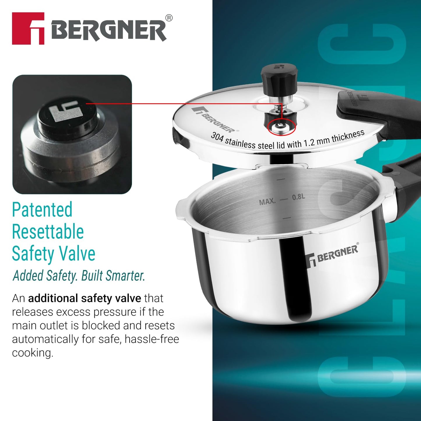 Bergner Argent Classic Triply Stainless Steel 1 Liter Outer Lid Pressure Cooker, Mini Baby Cooker with Resettable Safety Valve, Sturdy Handle, Easy to Use and Clean - Induction and Gas Stove Ready