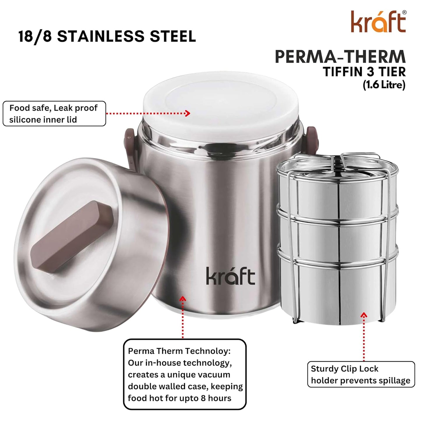 Vinod Kraft Perma Therm 3-Tier Stainless Steel Insulated Lunch Box -1.6L (400ml Each), Double-Wall Vacuum Tiffin Keeps Food Hot for 8 Hrs, Leak-Proof Silicone Lid, Clip Lock, Ideal for Office, Men & Women