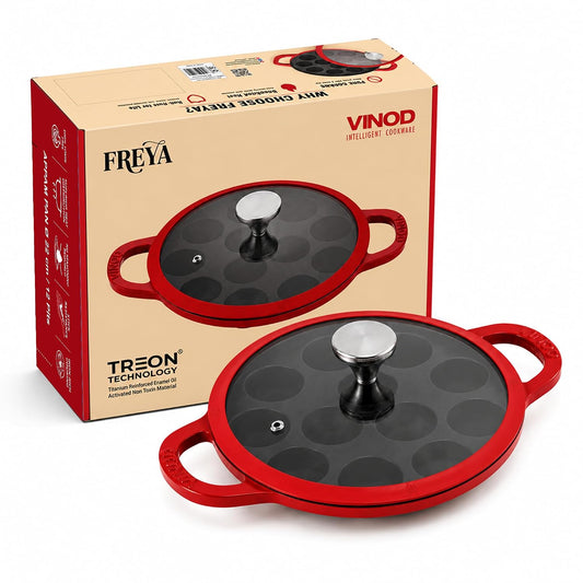 Vinod Freya Enameled Cast Iron Appe Pan with Glass Lid - 22 cm, 12 Pits  Red Color| 100% Toxin Free | No Seasoning Required | TREON Technology | Ideal for Paniyaram, Appam Patra, Paddu & Gunta Ponganalu Maker