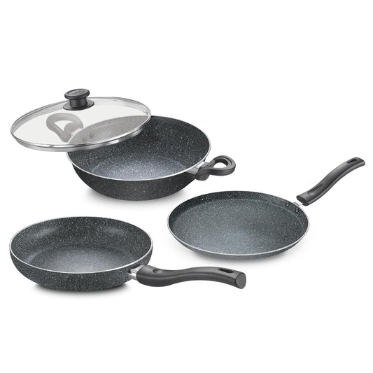 Prestige Granite Non-Stick 3-Piece Set Cookware |Dual Non-Stick Delight| Omni Tawa - 28cm Dia, Kadai with GlassLid - 24cm Dia, Fry Pan - 24cm Dia| Gas and Induction Compatible| Easy Care