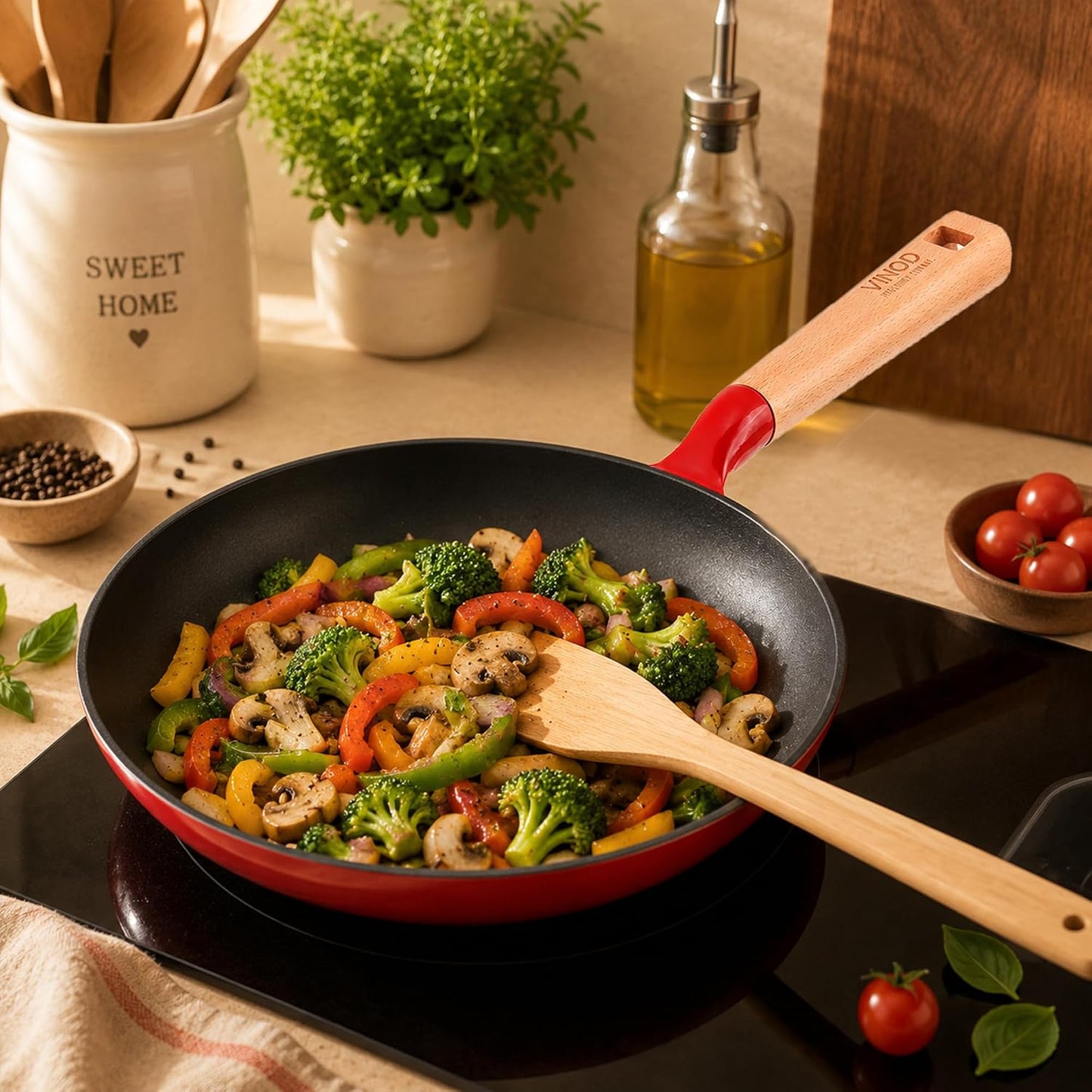 Vinod Freya Enameled Cast Iron Frying Pan - 22 cm, 1.2 L Red Color | Wood-Finish Handle | TREON Technology | No Seasoning Required | Gas & Induction Compatible | Ideal for Everyday Cooking