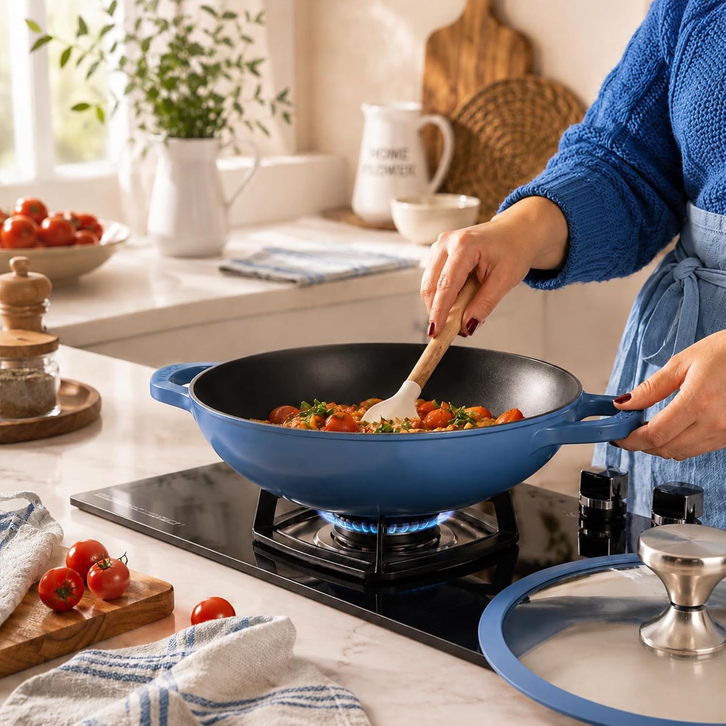 Vinod Freya Cast Iron Deep Kadai with Glass Lid, 24 cm, 2.4L Blue Color | TREON Technology Enamel Kadhai for Frying, Curry & Cooking | No Seasoning Required | Induction & Gas Compatible | No Chemical Coating