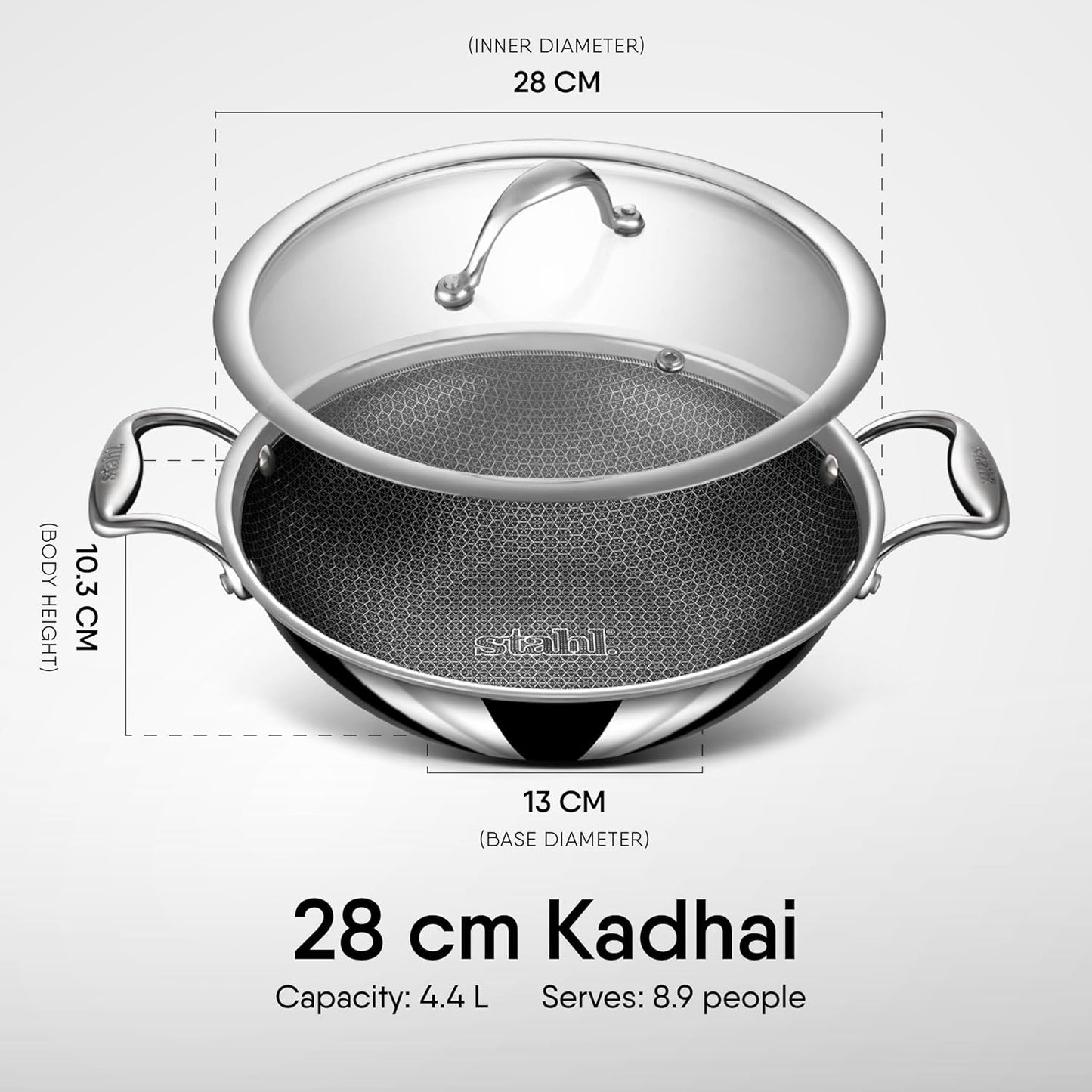 Stahl Artisan Hybrid Triply Non Stick Kadhai with Lid 28cm 4.4Liters, Stainless Steel Kadai for Cooking, Triply Kadhai Metal Spatula Friendly, Induction & Gas Stove Compatible, 4.4 L, 28 cm