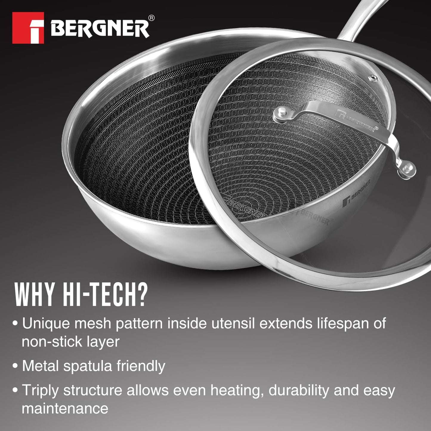 Bergner Hi-Tech Triply Stainless Steel Deep Fry Pan/Wok28cm Capacity 4.5 L, Wok with Glass Lid, Honeycomb, Chinese Kadhai, Non-Toxic, Healthy, Less Oil Use, Durable Handle, Excellent Grip - Induction Bottom