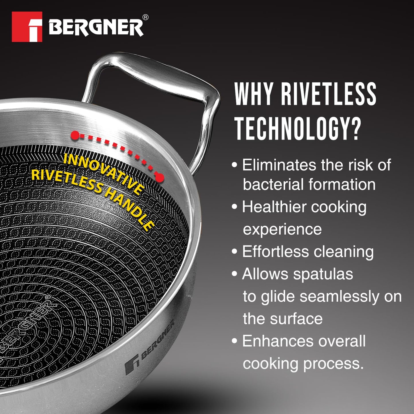 Bergner Hi-Tech Triply Stainless Steel 22cm (2.2L) Kadhai with Glass Lid, Honeycomb Non-Stick Coating, Non-Toxic, Healthy Cooking, Less Oil Use, Durable Handle, Excellent Grip - Induction and Gas Ready