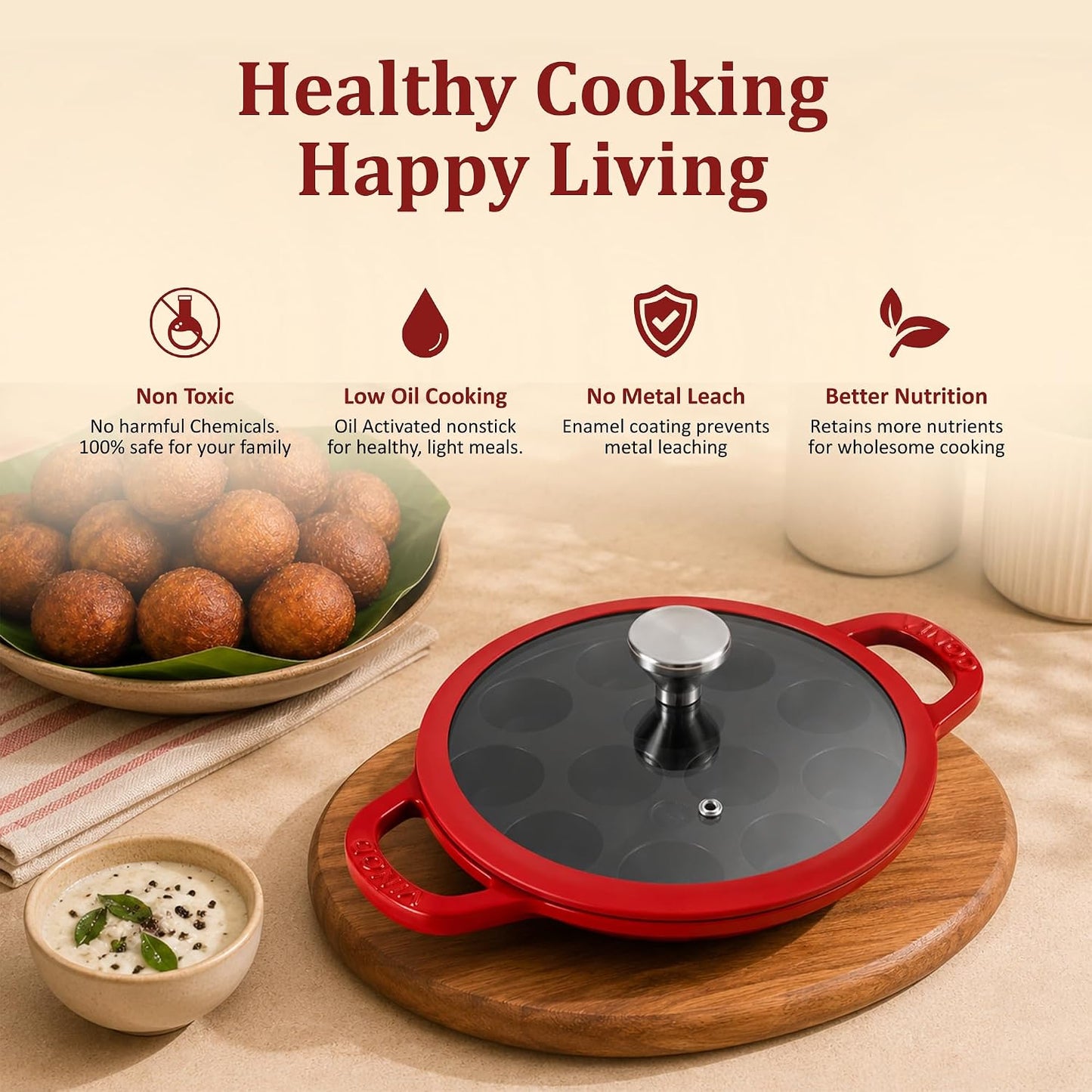 Vinod Freya Enameled Cast Iron Appe Pan with Glass Lid - 22 cm, 12 Pits  Red Color| 100% Toxin Free | No Seasoning Required | TREON Technology | Ideal for Paniyaram, Appam Patra, Paddu & Gunta Ponganalu Maker