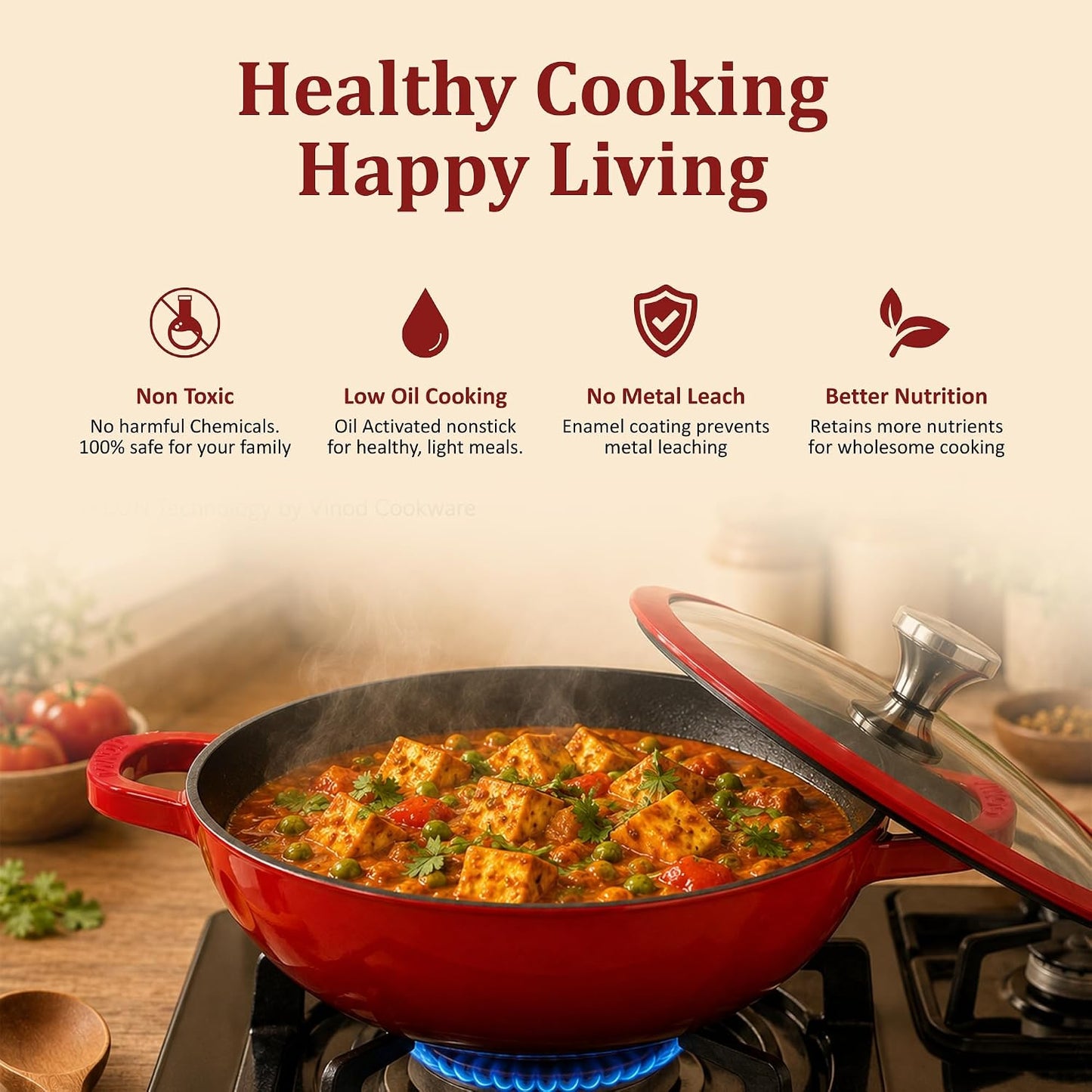 Vinod Freya Cast Iron Deep Kadai with Glass Lid, 22 cm 1.9 L Red Color | TREON Technology Enamel Kadhai for Frying, Sabzi, & Cooking | No Seasoning Required | Induction & Gas Stove Compatible | 100% Non-Toxic
