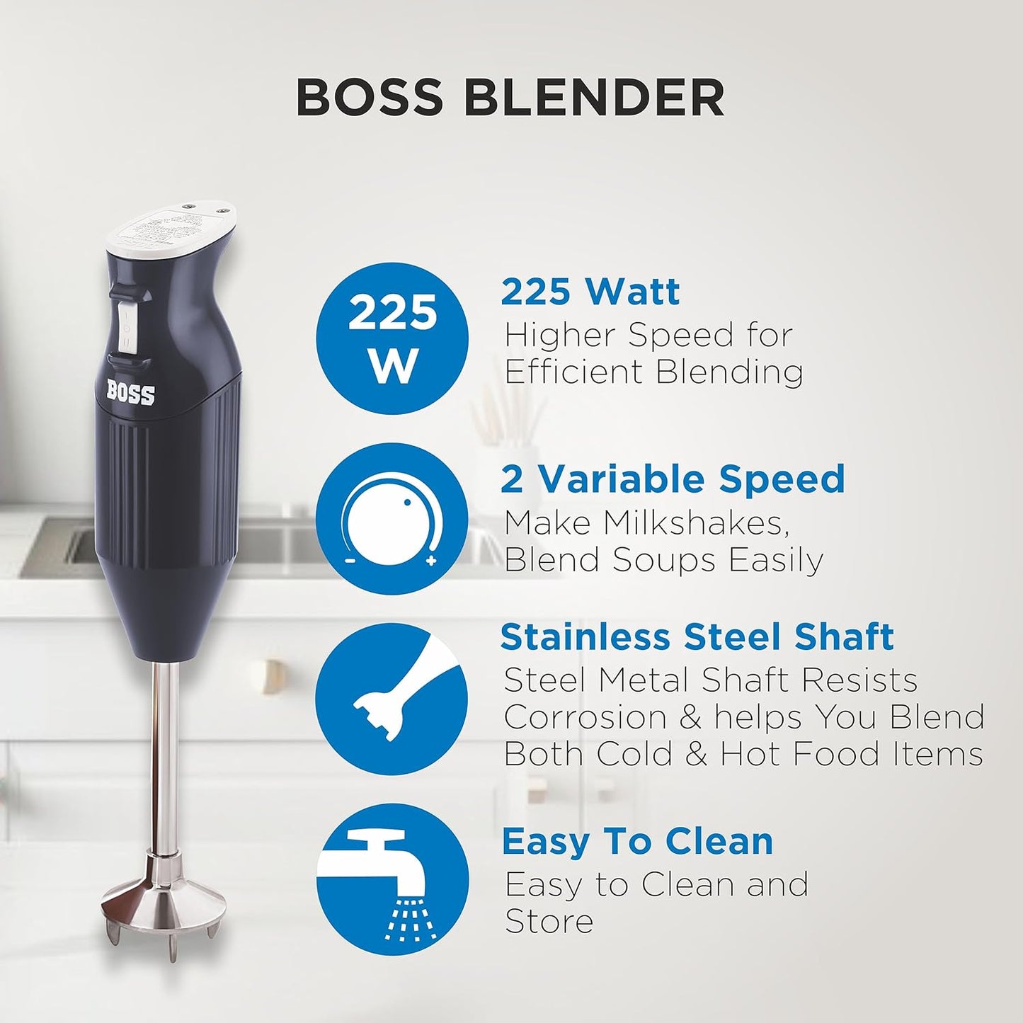 BOSS B132 Portable Hand Blender 225 Watts | Variable Speed Control | 3 Years Warranty on motor | Easy to Clean and Store | ISI-Marked, Stainless Steel