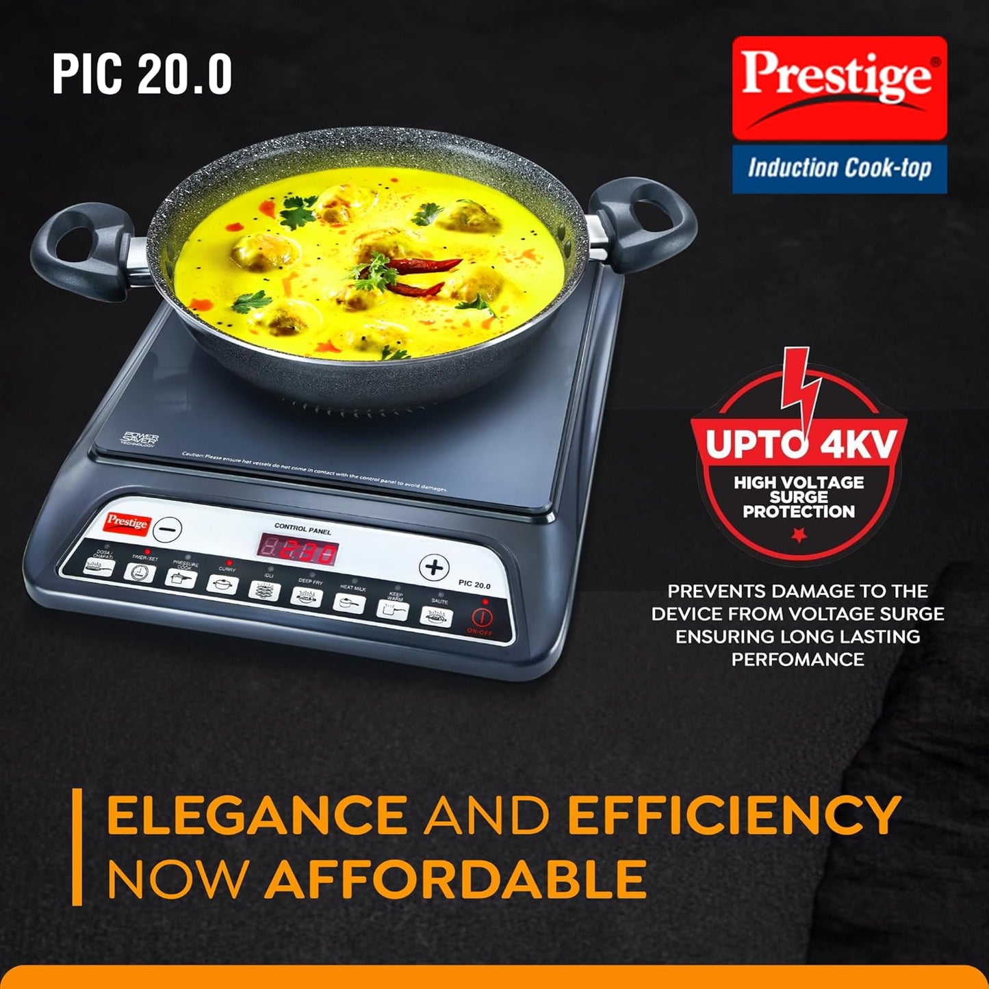 Prestige PIC 20 1600 Watts Induction Cooktop |Indian Menu Option |High Voltage Surge Protection| Automatic Power & Temperature Adjustment|1 year Warranty |Black