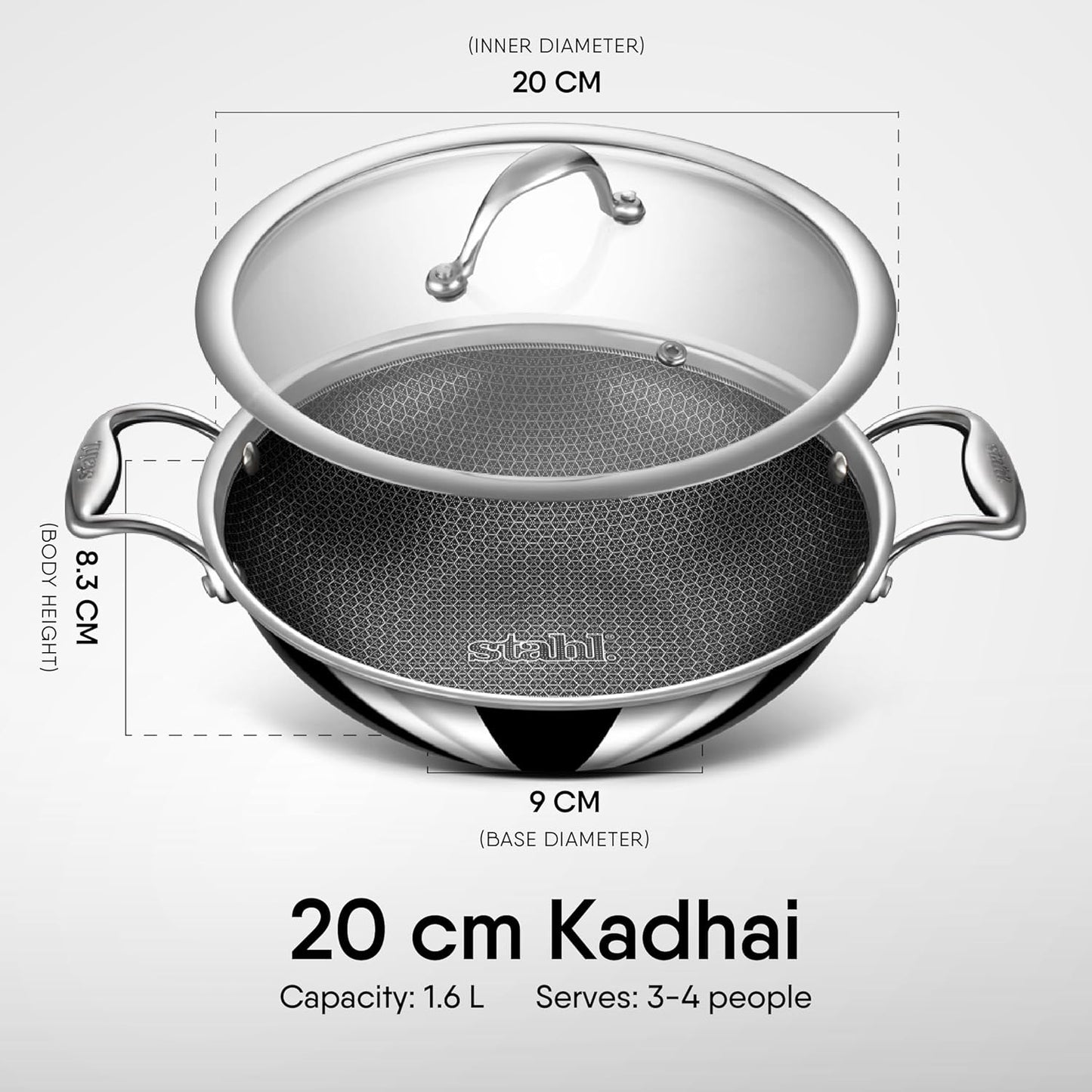 Stahl Artisan Hybrid Triply Non Stick Kadhai with Lid 20cm 1.6Liters, Stainless Steel Kadhai for Cooking, Triply Kadhai Metal Spatula Friendly, Induction & Gas Stove Compatible, 1.6 L, 20 cm