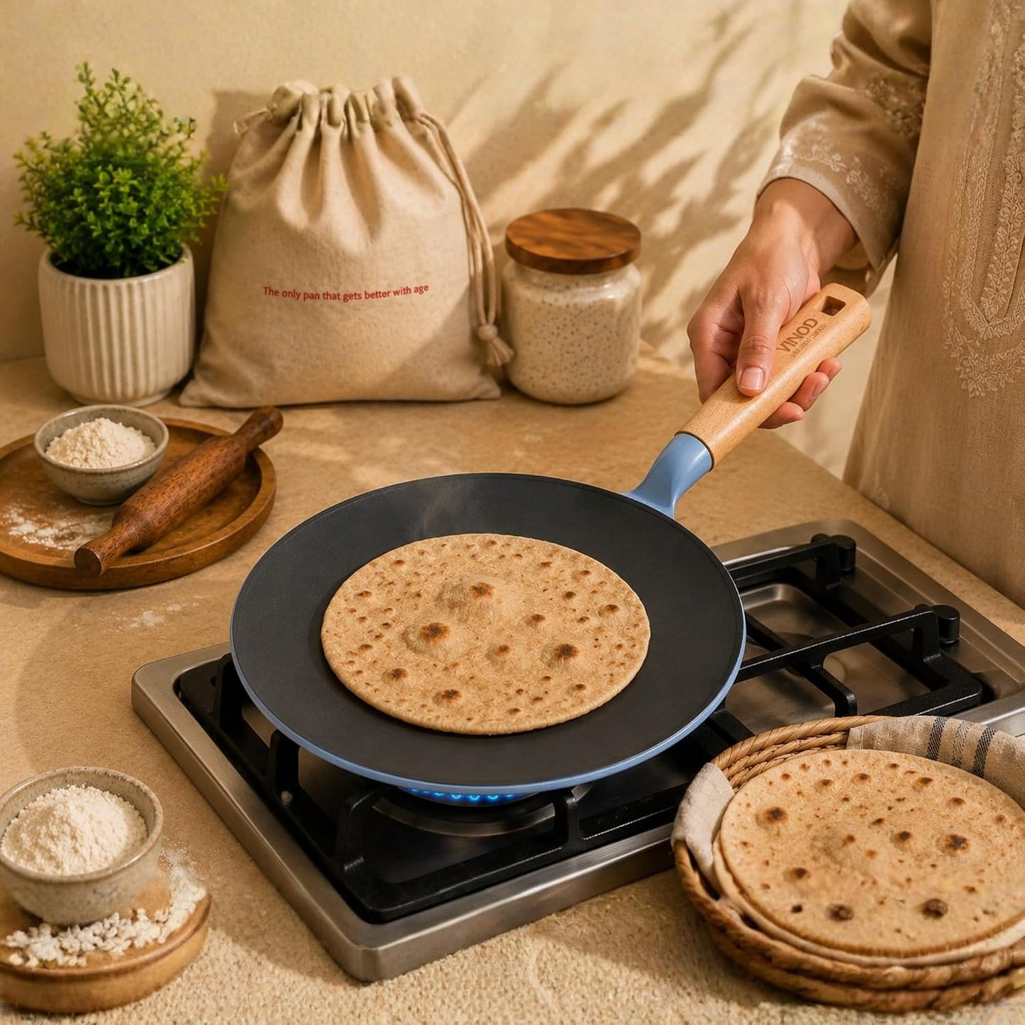 Vinod Freya Cast Iron Roti Tawa 26 cm Blue Color | TREON Titanium-Reinforced Enamel, No Seasoning Required, Oil-Activated Food Release, Beechwood Handle, Gas & Induction Base, for Roti, Chapati & Paratha