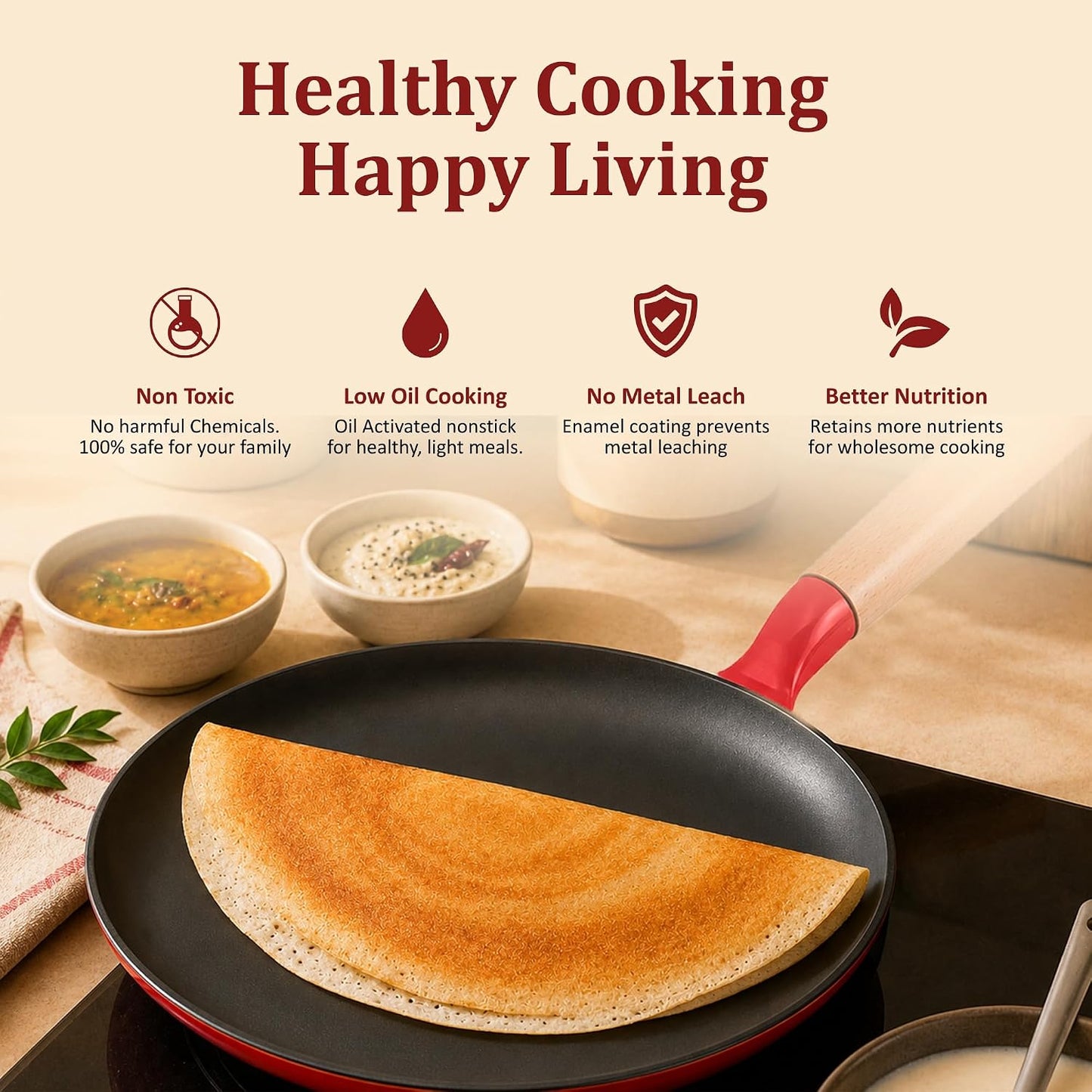 Vinod Freya Cast Iron Dosa Tawa 28 cm Red Color, TREON Titanium-Reinforced Enamel, No Seasoning Required, Oil-Activated Food Release, No Traditional Seasoning, Gas & Induction Base, Beechwood Handle