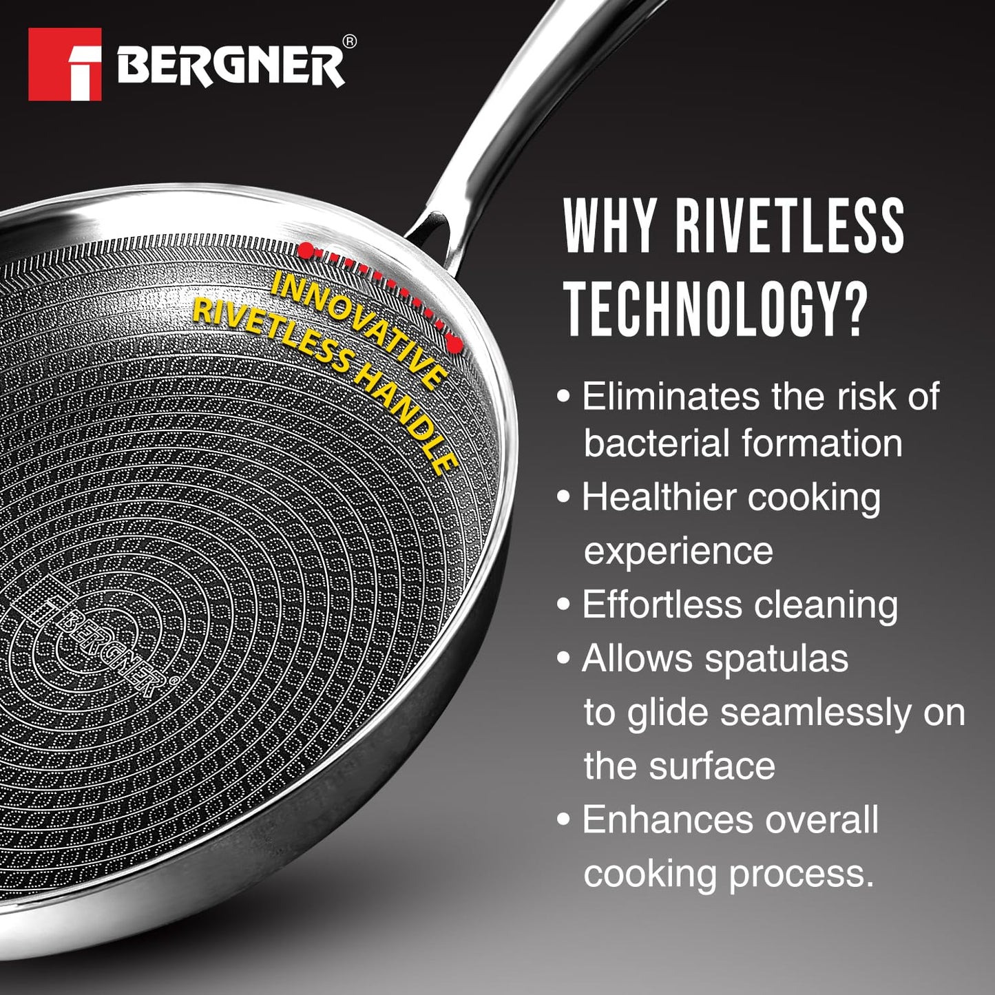 Bergner Hi-Tech TriPly Stainless Steel 28cm Frypan Capacity 2.3 Liters, Honeycomb Non-Stick Coating Frying Pan, Non-Toxic, Healthy Cooking, Less Oil Use, Durable Handle with Excellent Grip - Induction and Gas Stove Ready