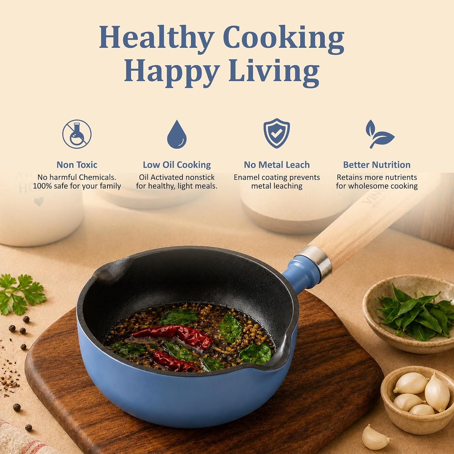 Vinod Freya Enameled Cast Iron Tadka Pan 12 cm  Blue Color| Dual Pour Spouts Wooden Handle | TREON Technology | No Seasoning Required | for Tempering & Sauces | Gas & Induction Compatible | 100% Toxin Free