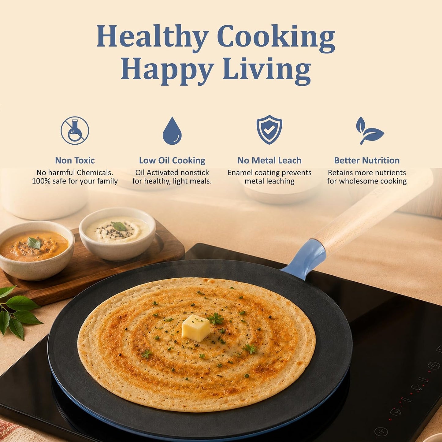 Vinod Freya Cast Iron Roti Tawa 26 cm Blue Color | TREON Titanium-Reinforced Enamel, No Seasoning Required, Oil-Activated Food Release, Beechwood Handle, Gas & Induction Base, for Roti, Chapati & Paratha