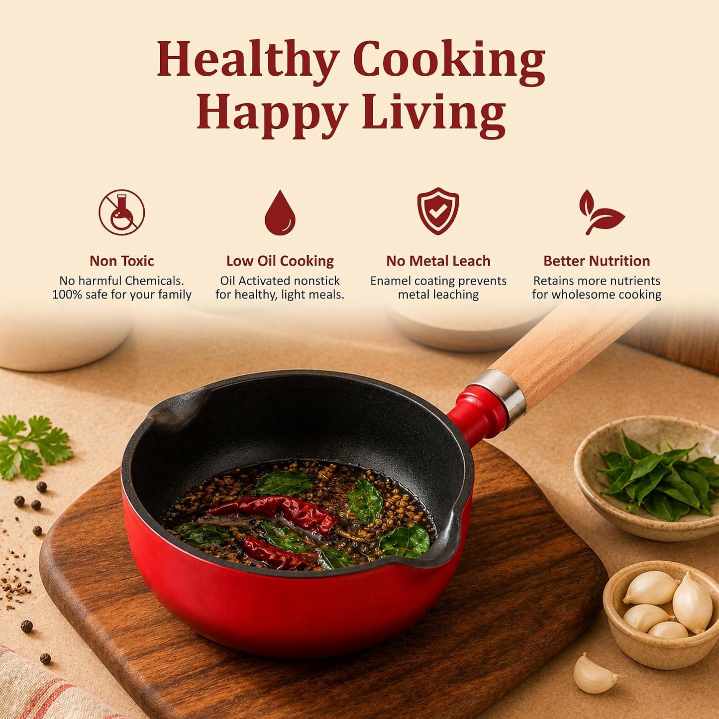 Vinod Freya Enameled Cast Iron Tadka Pan 12 cm Red Color | Dual Pour Spouts Wooden Handle | TREON Technology | No Seasoning Required | for Tempering & Sauces | Gas & Induction Compatible | 100% Toxin Free