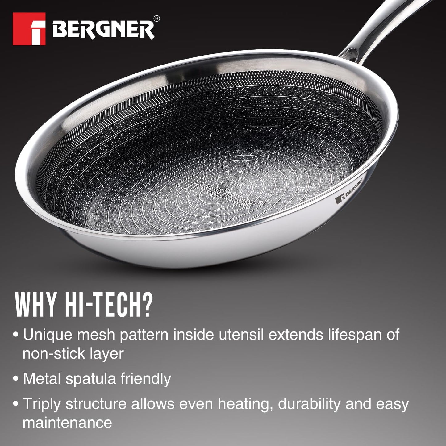Bergner Hi-Tech TriPly Stainless Steel 18cm Frypan 0.9Liters Capacity, Honeycomb Non-Stick Coating Frying Pan, Non-Toxic, Healthy Cooking, Less Oil Use, Durable Handle with Excellent Grip - Induction and Gas Stove Ready
