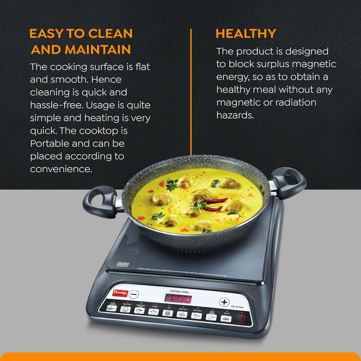 Prestige Pic 20 Neo Induction Cooktop 1600W|Indian Menu Options| Automatic Voltage Regulator| Timer With User Pre-Set, Manual, Black