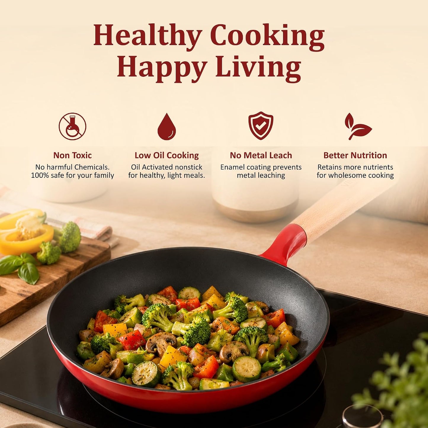 Vinod Freya Enameled Cast Iron Frying Pan - 22 cm, 1.2 L Red Color | Wood-Finish Handle | TREON Technology | No Seasoning Required | Gas & Induction Compatible | Ideal for Everyday Cooking