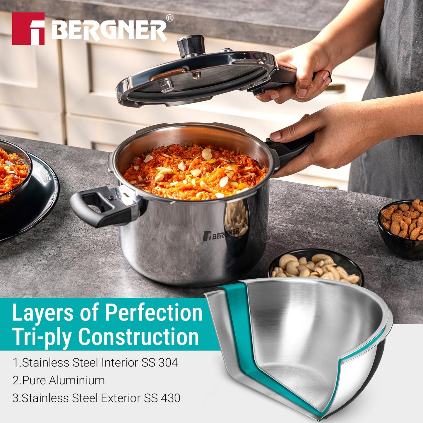 Bergner Argent Classic Triply Stainless Steel 1.5 Liters Outer Lid Pressure Cooker, Mini Baby Cooker with Resettable Safety Valve, Sturdy Handle, Easy to Use and Clean - Induction and Gas Stove Ready
