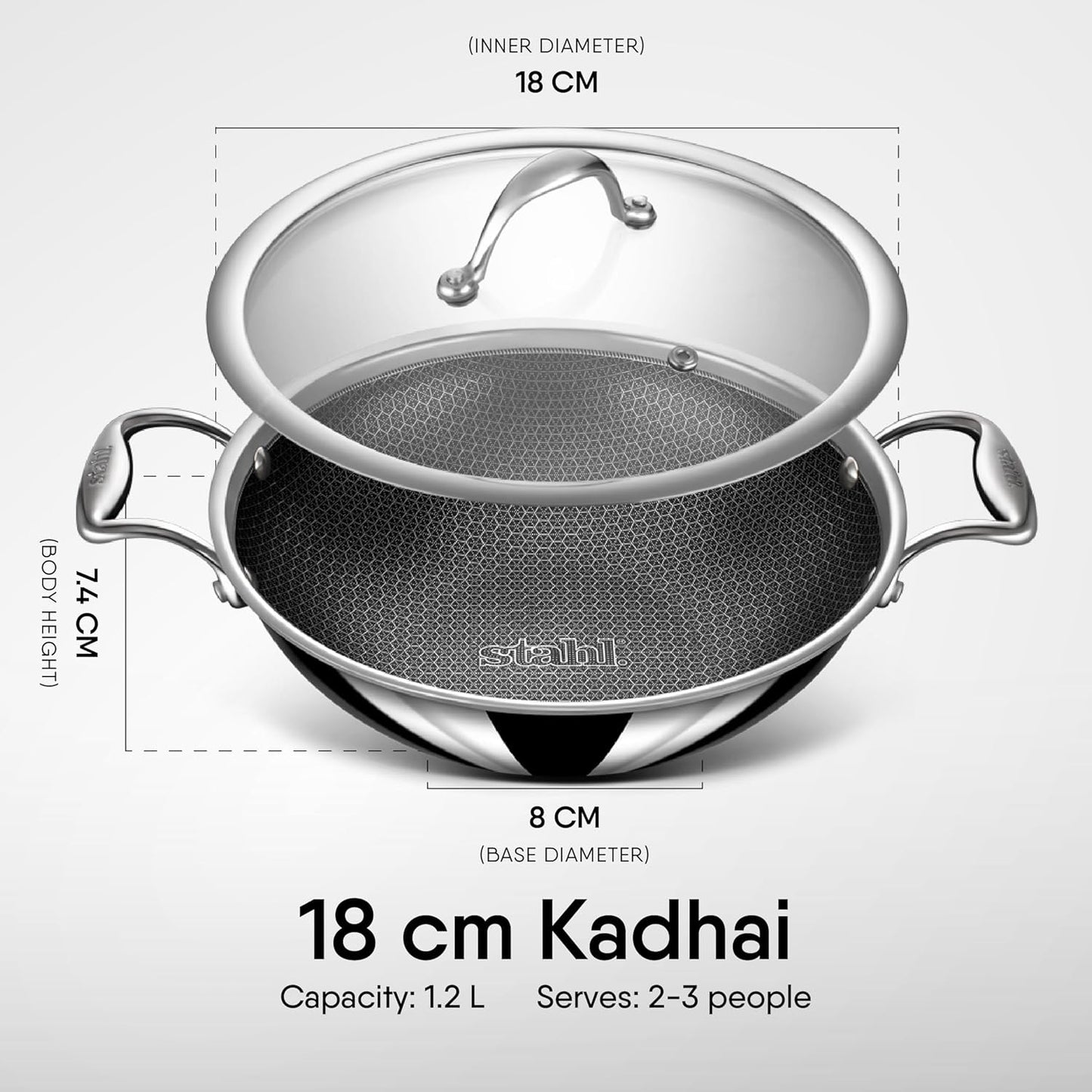 Stahl Artisan Hybrid Triply Non Stick Kadai with Lid 18cm 1.2Liters, Stainless Steel Kadai for Cooking, Triply Kadhai Metal Spatula Friendly, Induction & Gas Stove Compatible, 1.2 L, 18cm