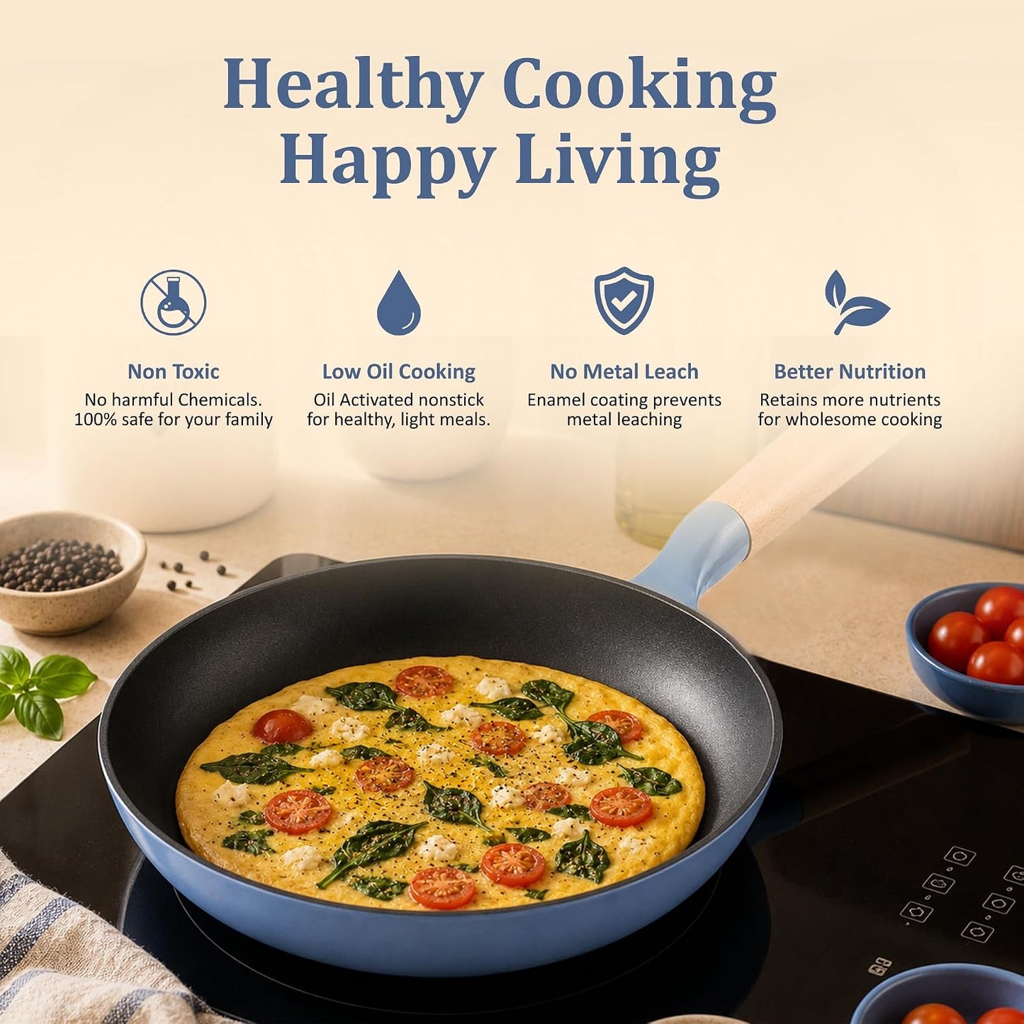 Vinod Freya Enameled Cast Iron Frying Pan - 22 cm, 1.2 L BLUE COLOR| Wood-Finish Handle | TREON Technology | No Seasoning Required | Gas & Induction Compatible | Ideal for  Everyday Cooking