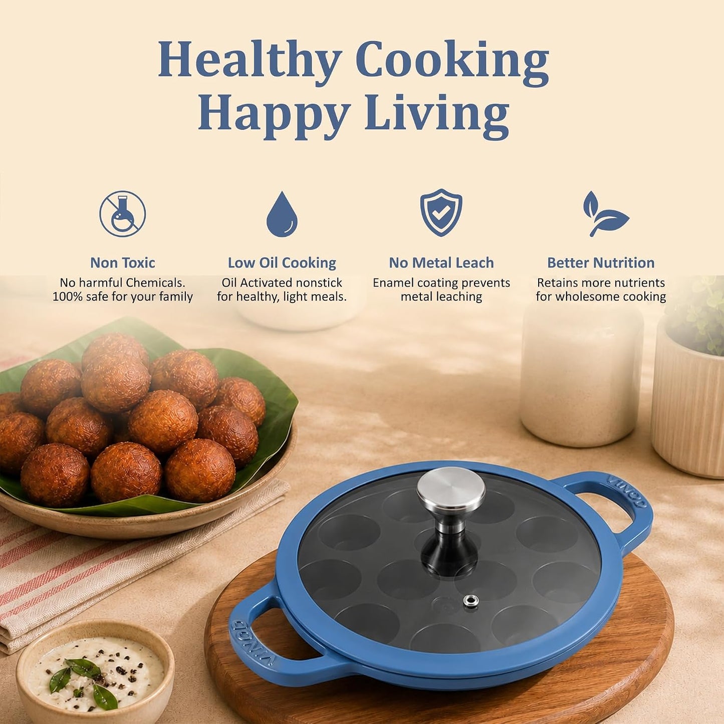 Vinod Freya Enameled Cast Iron Appe Pan with Glass Lid - 22 cm, 12 Pits Blue Color | 100% Toxin Free | No Seasoning Required | TREON Technology | Ideal for Paniyaram, Appam Patra, Paddu & Gunta Ponganalu Maker