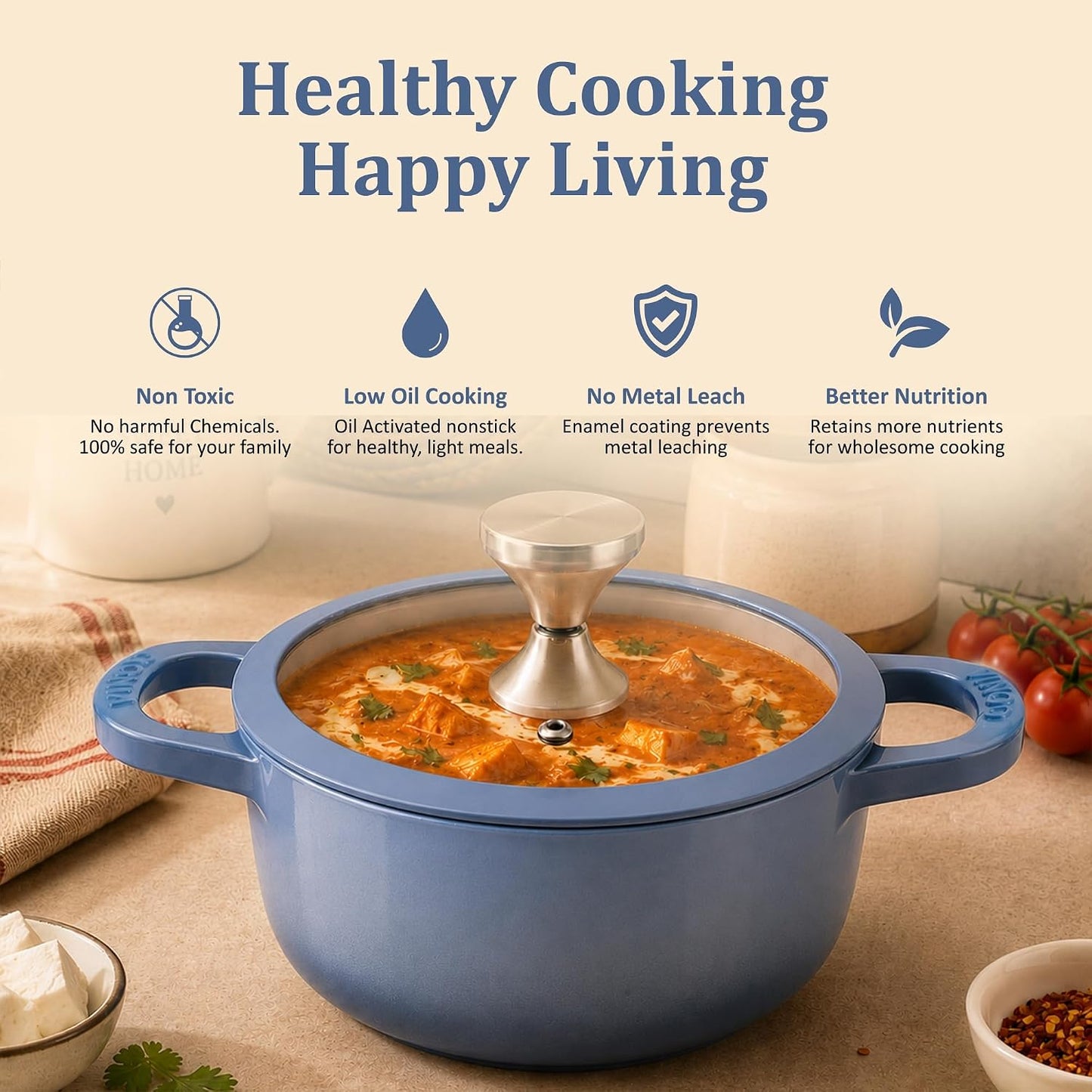 Vinod Freya Cast Iron Saucepot with Glass Lid, 20cm - 2L Blue Color | TREON Technology | Enameled Casserole & Dutch Oven | Iron-Rich Handi for Everyday Use| Induction & Gas Compatible Cooking Pot