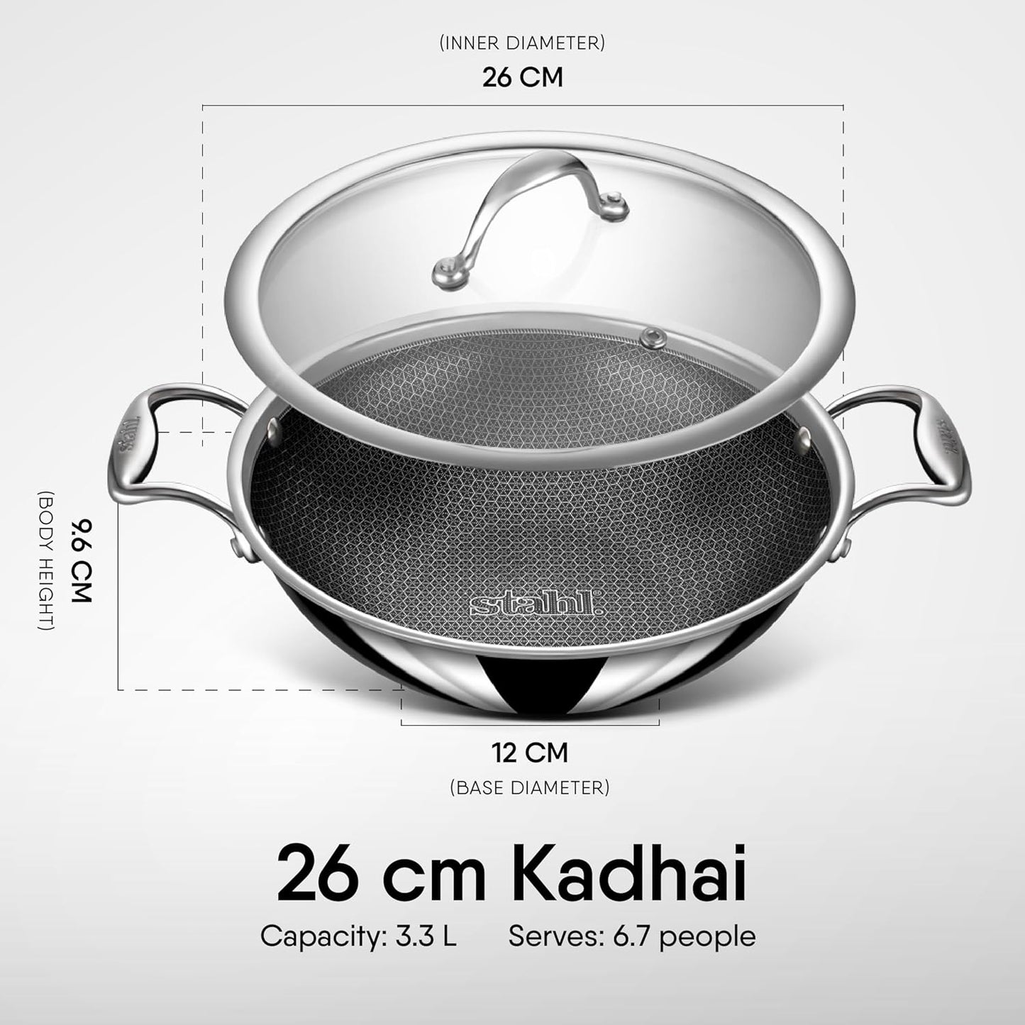Stahl Artisan Hybrid Triply Non Stick Kadhai with Lid  26CM 3.3Liters, Stainless Steel Kadhai for Cooking, Triply Kadhai Metal Spatula Friendly, Induction & Gas Stove Compatible, 3.3 L, 26 cm