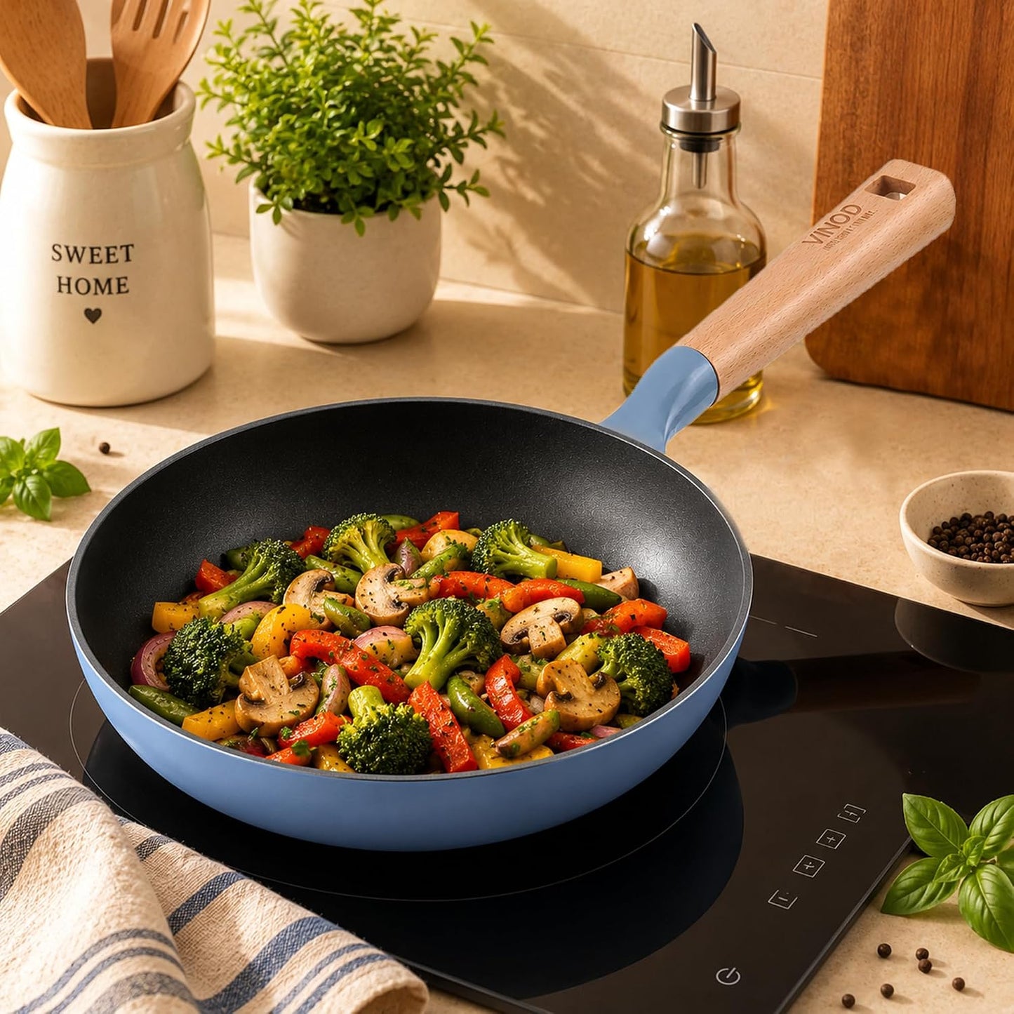 Vinod Freya Enameled Cast Iron Frying Pan - 22 cm, 1.2 L BLUE COLOR| Wood-Finish Handle | TREON Technology | No Seasoning Required | Gas & Induction Compatible | Ideal for  Everyday Cooking