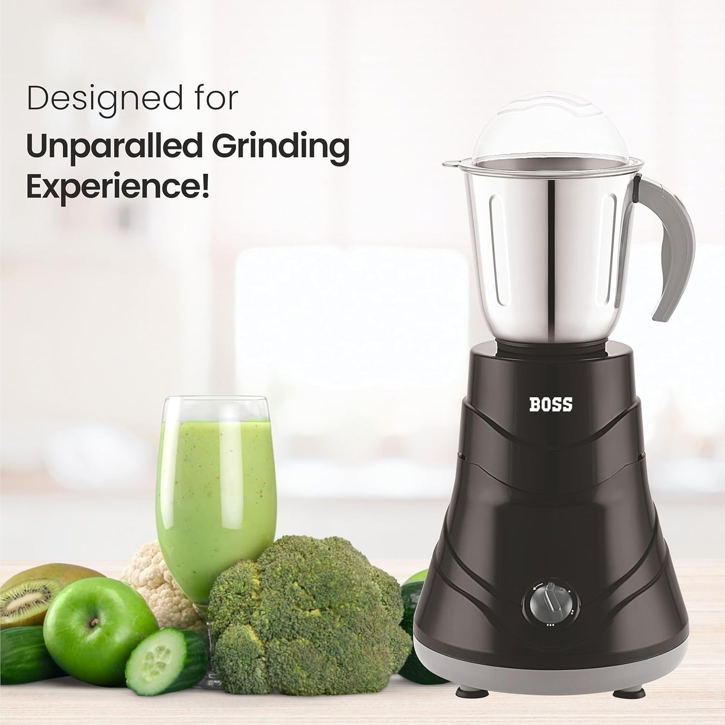 BOSS Alpha 750W Mixer Grinder with Powerful Motor, 5 years warranty on motor & Overload Protection, 3 Stainless Steel Jars, Black and Grey