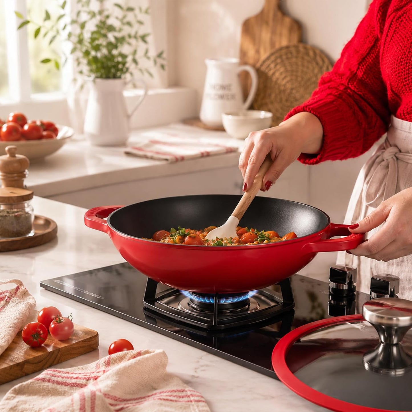 Vinod Freya Cast Iron Deep Kadai with Glass Lid, 24 cm 2.4 L Red Color | TREON Technology Enamel Kadhai for Frying, Sabzi & Cooking | No Seasoning Required | Induction & Gas Compatible | No Chemical Coating