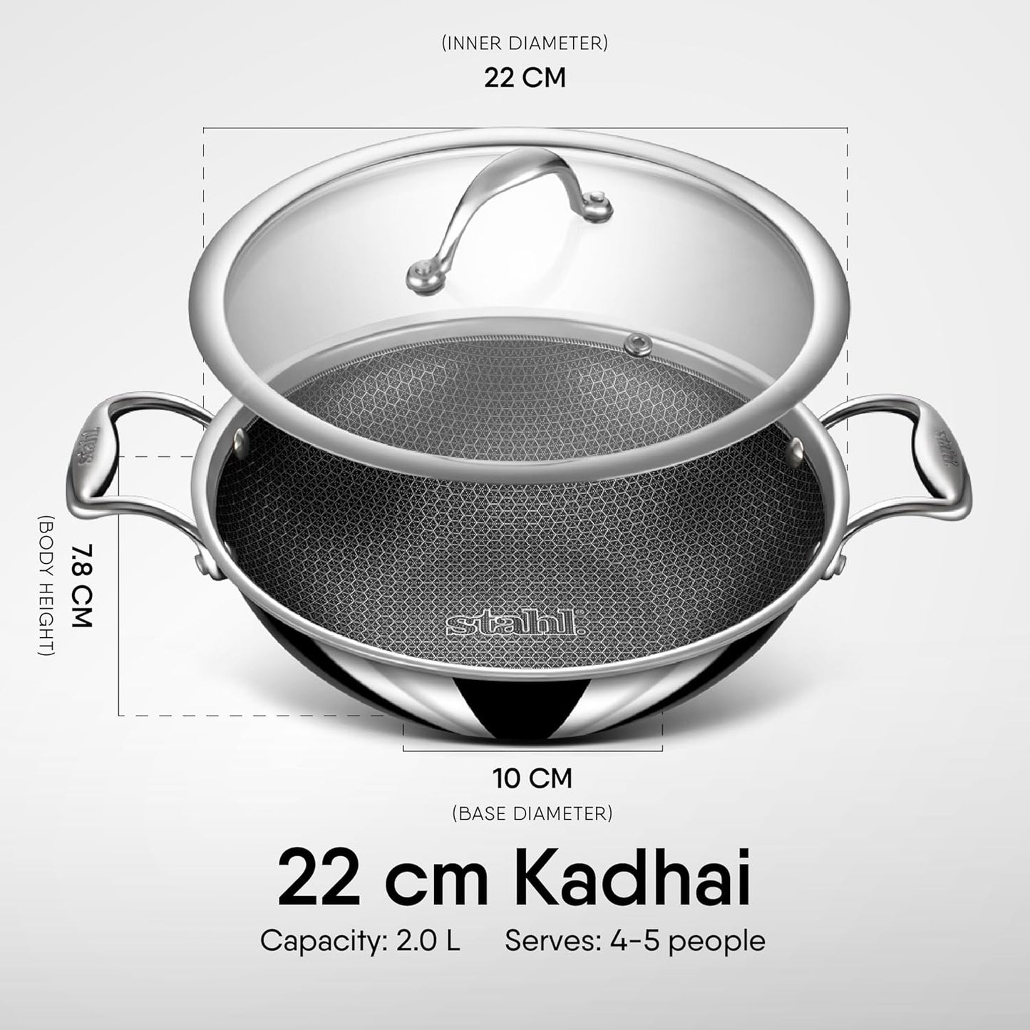 Stahl Artisan Hybrid Triply Non Stick Kadhai with Lid 22cm 2Liters, Stainless Steel Kadai for Cooking, Triply Kadhai Metal Spatula Friendly, Induction & Gas Stove Compatible, 2 L, 22 cm