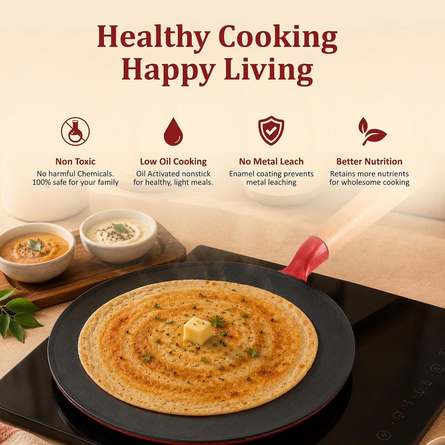 Vinod Freya Cast Iron Roti Tawa 26 cm Red Color | TREON Titanium Enamel, Oil-Activated Food Release, PFAS & PTFE Free, No Traditional Seasoning, Gas & Induction, for Chapati & Paratha, Beechwood Handle